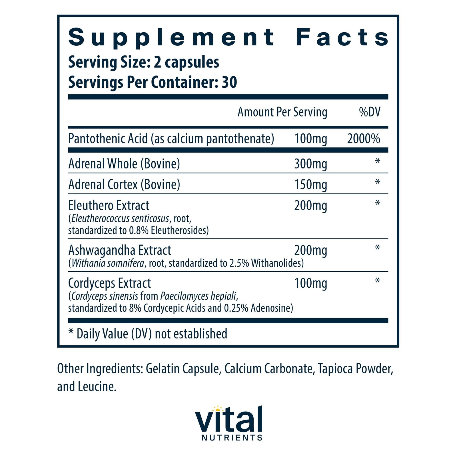 Vital Nutrients Adrenal 60 Count (Pack of 1), White With Orange Coating