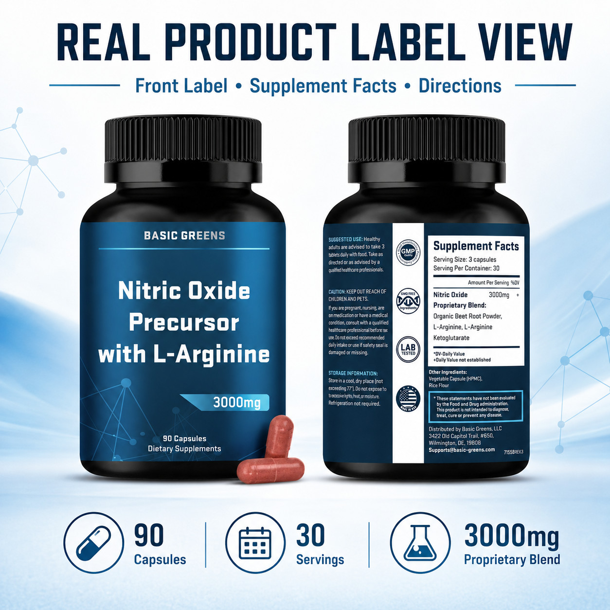 BASIC GREENS L-Arginine 3000mg Nitric Oxide Supplement Beet Root Vegan 90 Caps