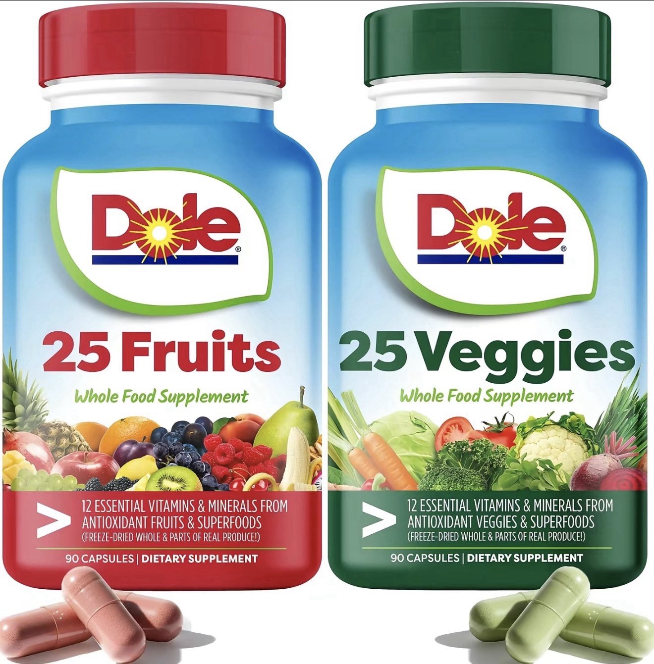 Dole 25 Fruits + 25 Veggies Whole Food Supplement Capsules General Wellness 90