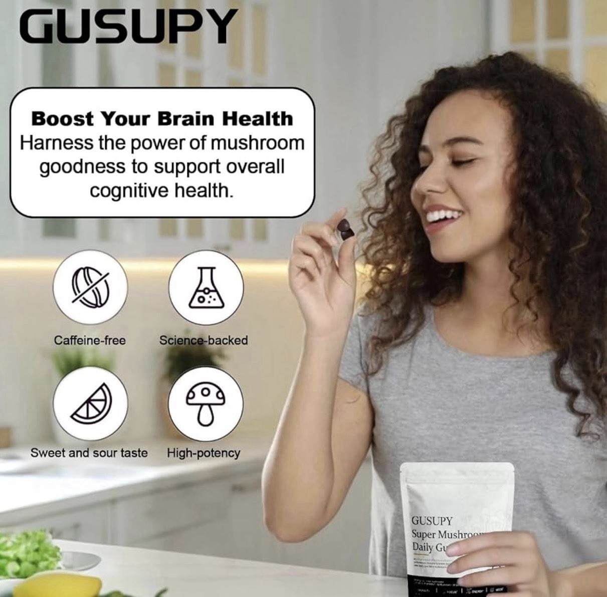 GUSUPY Super Mushroom Daily Gummies Wild Blueberry 60ct 300mg GF Exp 12/2027
