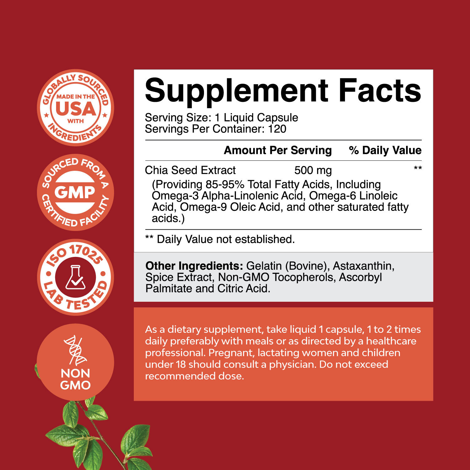 Chia Seed Oil Extract Capsules – Plant Based Omega 3 6 9 Supplement 120ct