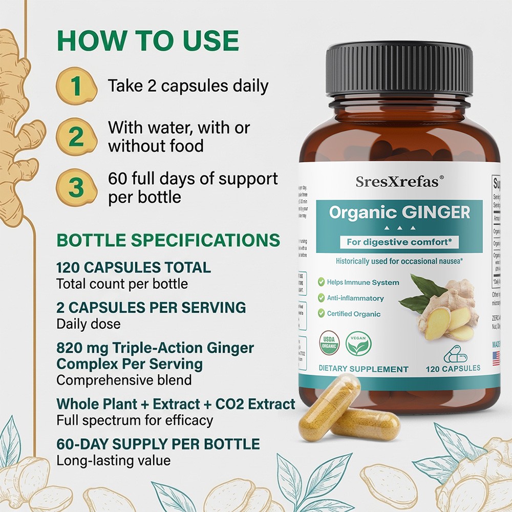 Organic Ginger Complex 820mg For Digestive,Stomach Comfort & Immune, 30~120 Caps