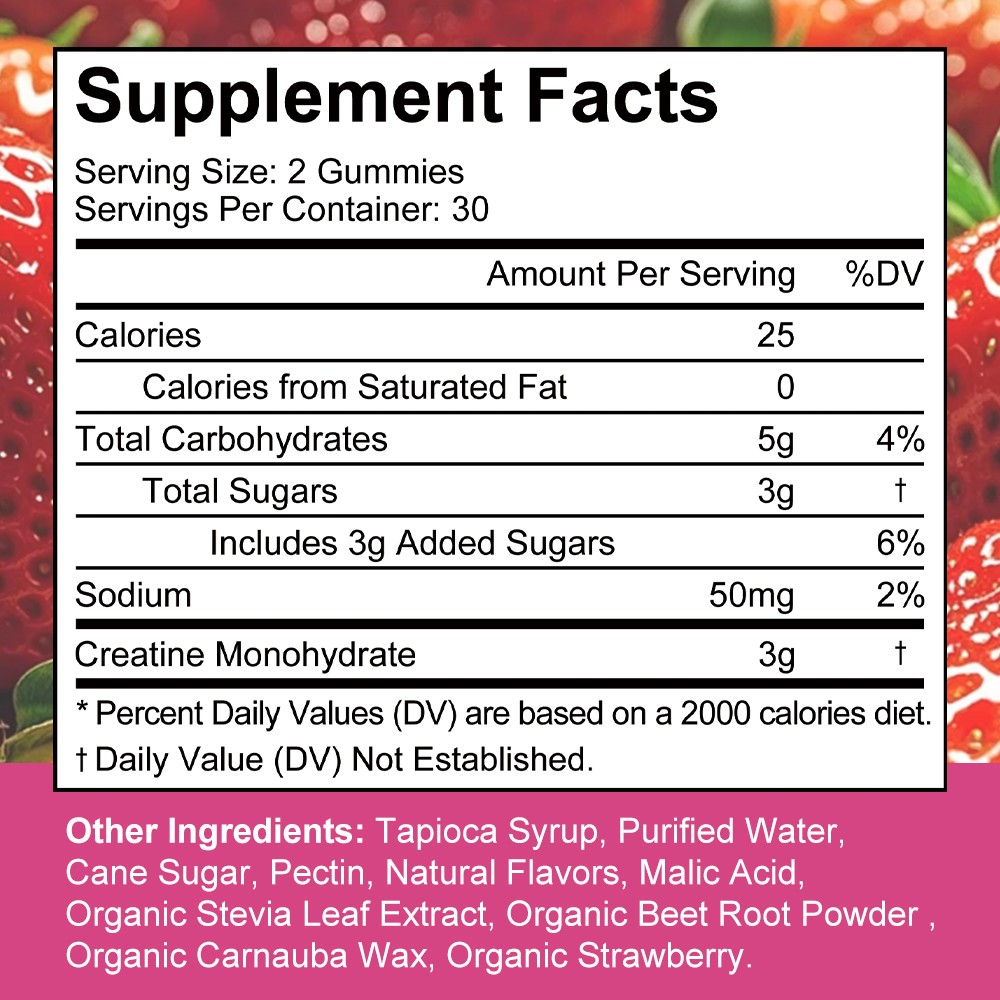 Strawberry Creatine Gummies for Women-3g Monohydrate for Strength, Glutes&Energy