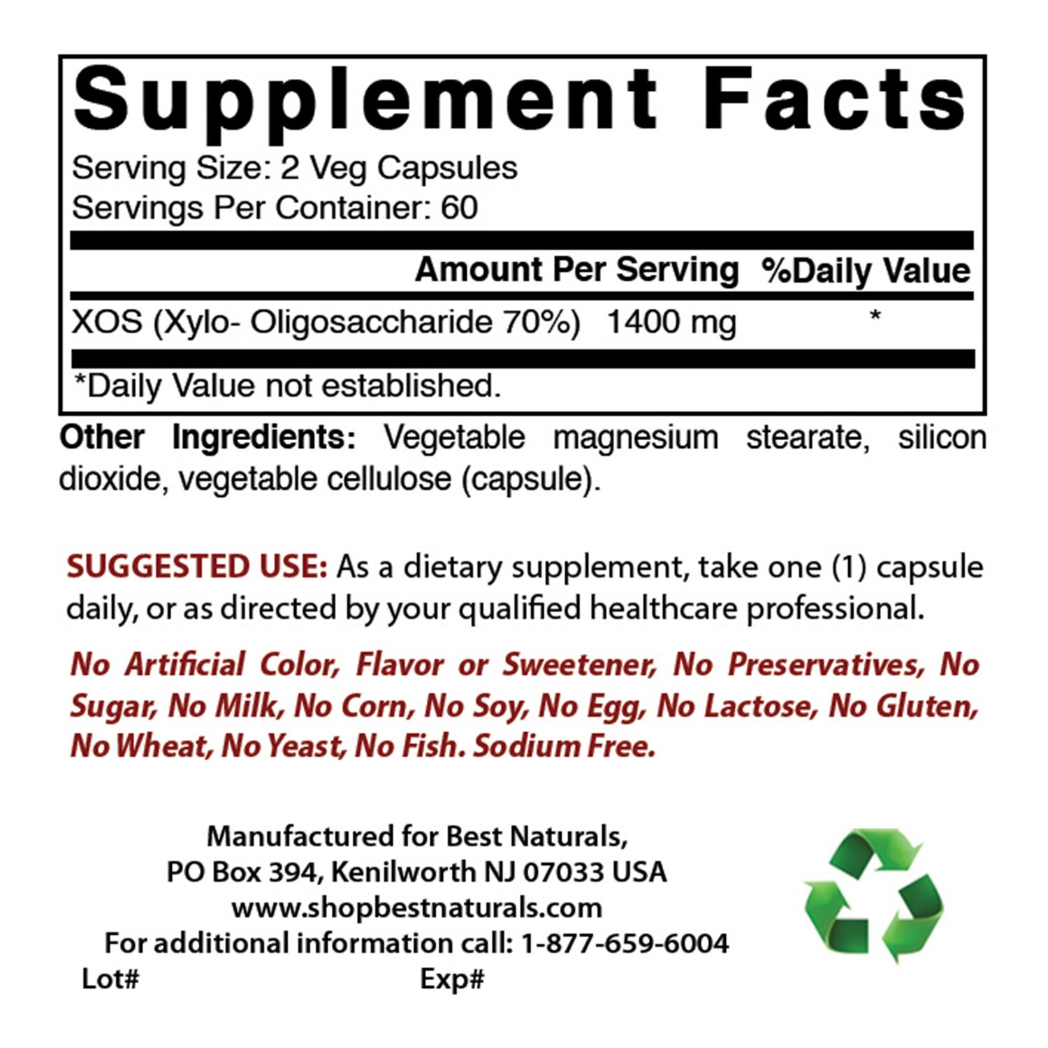 Best Naturals Prebiotics Fiber XOS 1400mg/ Serving 120 Vegetarian Capsules
