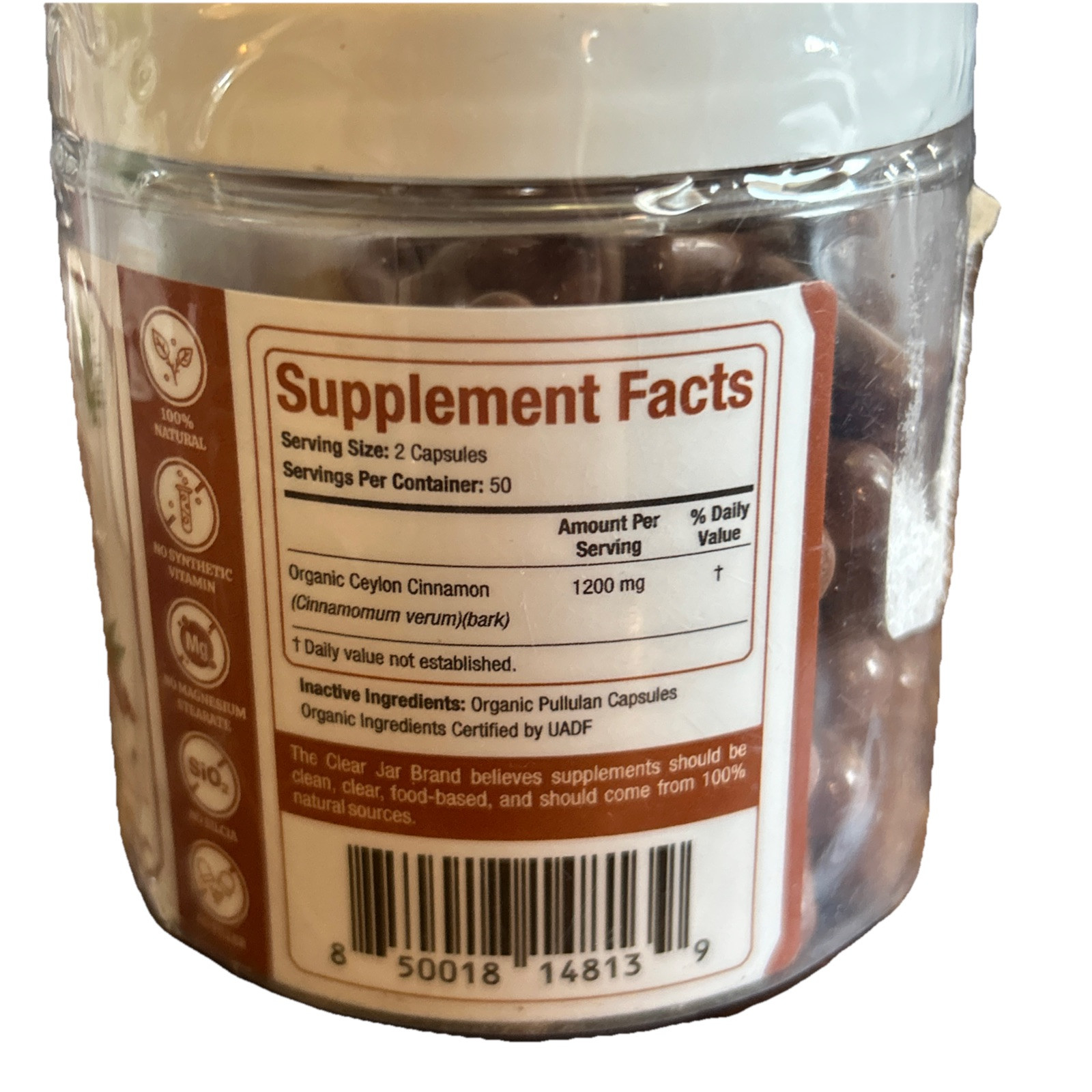Ceylon Cinnamon Capsules 100 Count The Clear Jar Exp 1/26