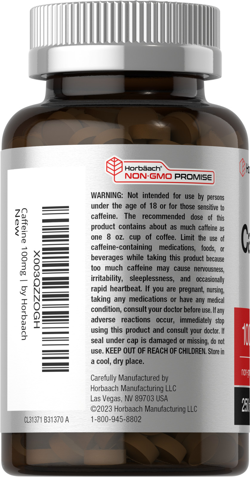 Caffeine Pills 100mg | 250 Tablets | Vegetarian | Non-GMO | by Horbaach