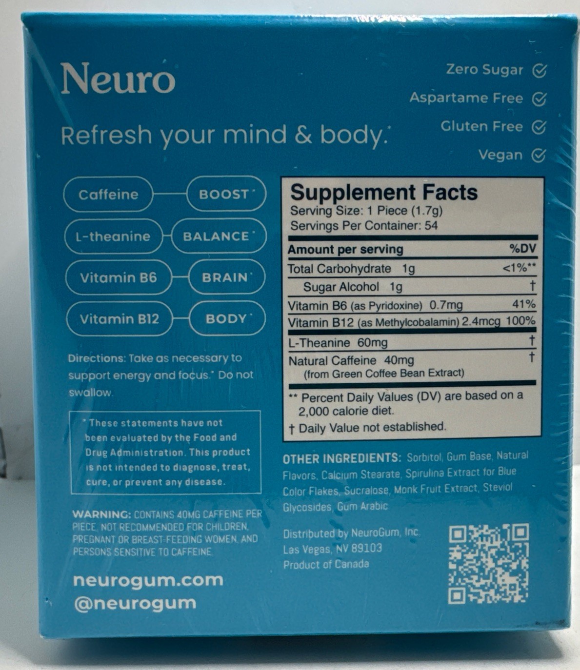 Neuro Energy & Focus Gum 6 Pack 9 Pcs Packets 54 Total PCs Exp 06/2027-New-US