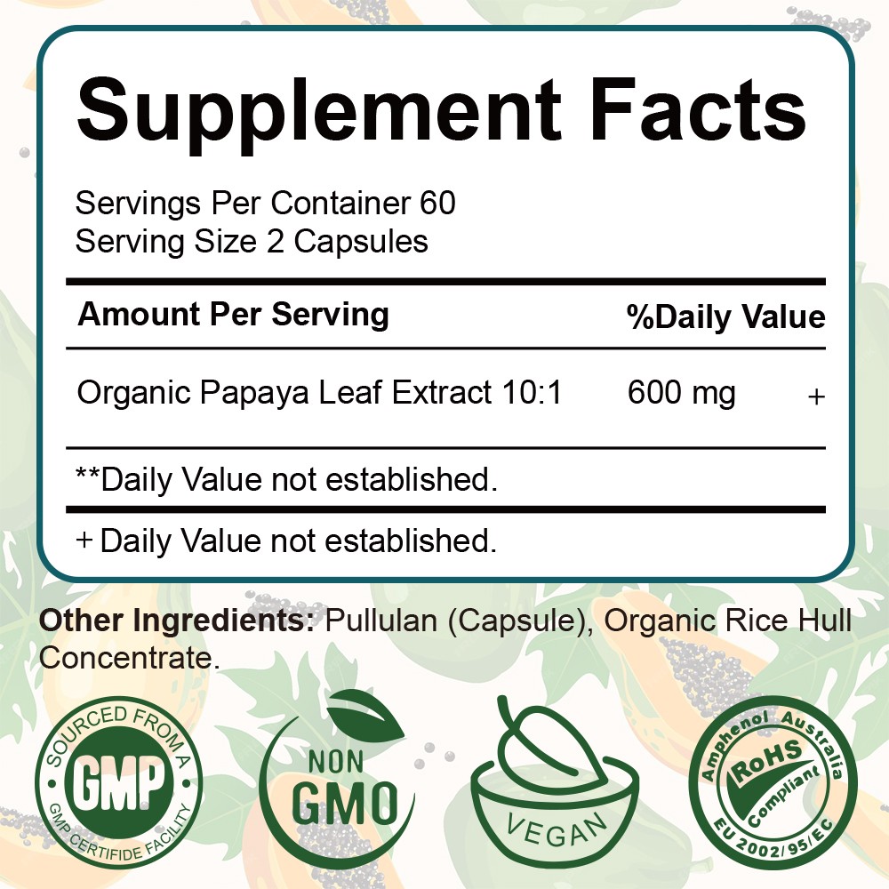 Papaya Leaf Extract 120 capsules Blood Platelet support Immunity Digestion Aid