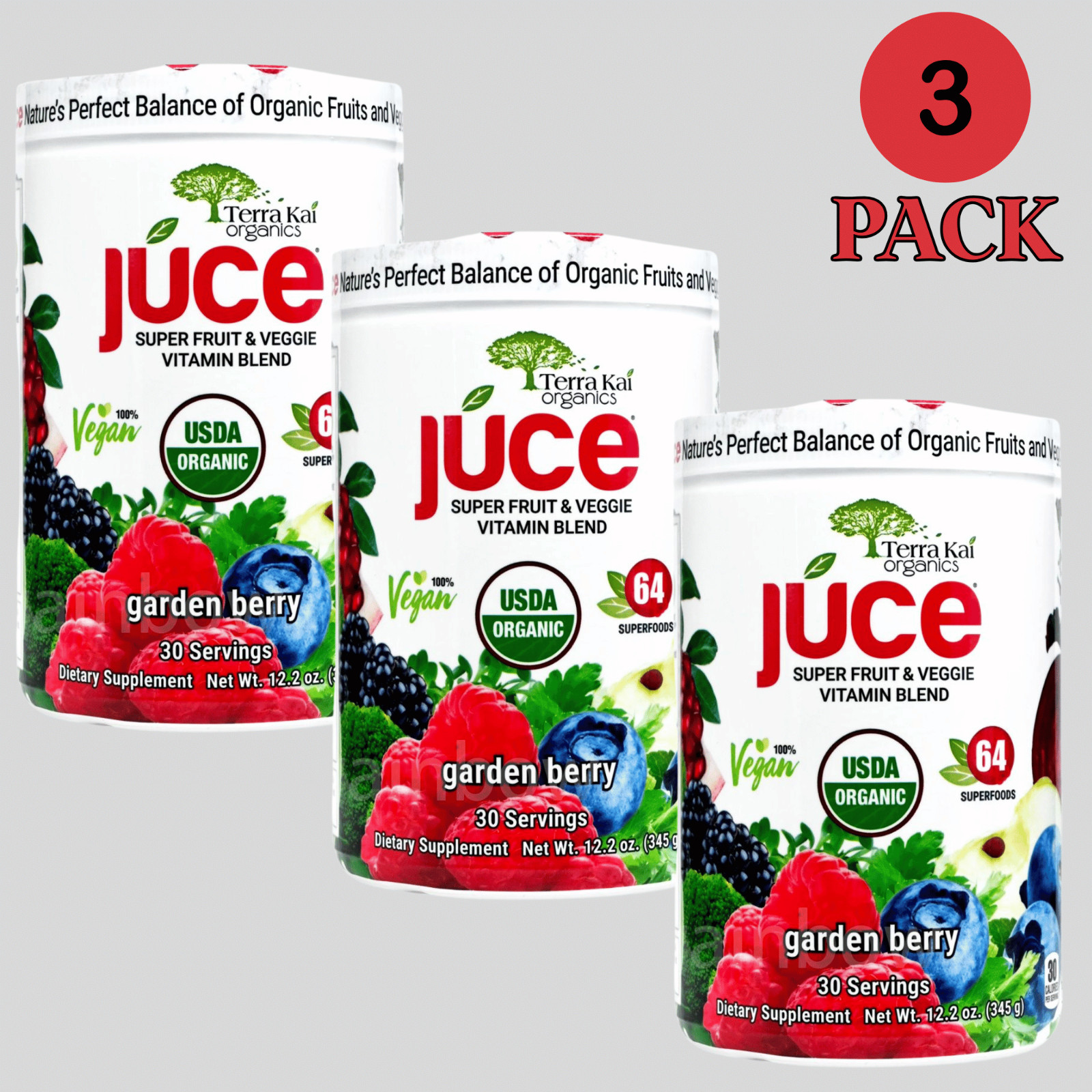 3 Packs Terra Kai Organics JUCE Super Fruit Veggie Vitamin Blend 3×64 Superfoods