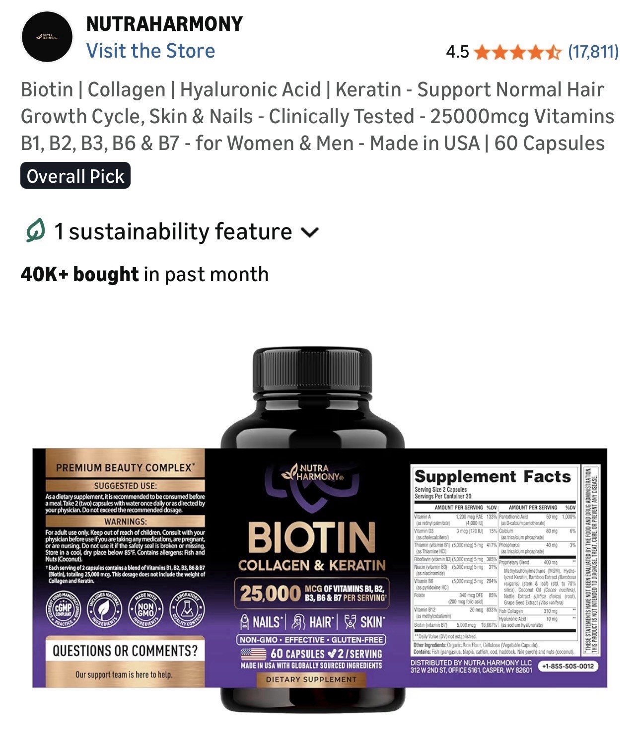 NutraHarmony Biotin Collagen Keratin Hyaluronic Acid 25000mcg 60 Capsules