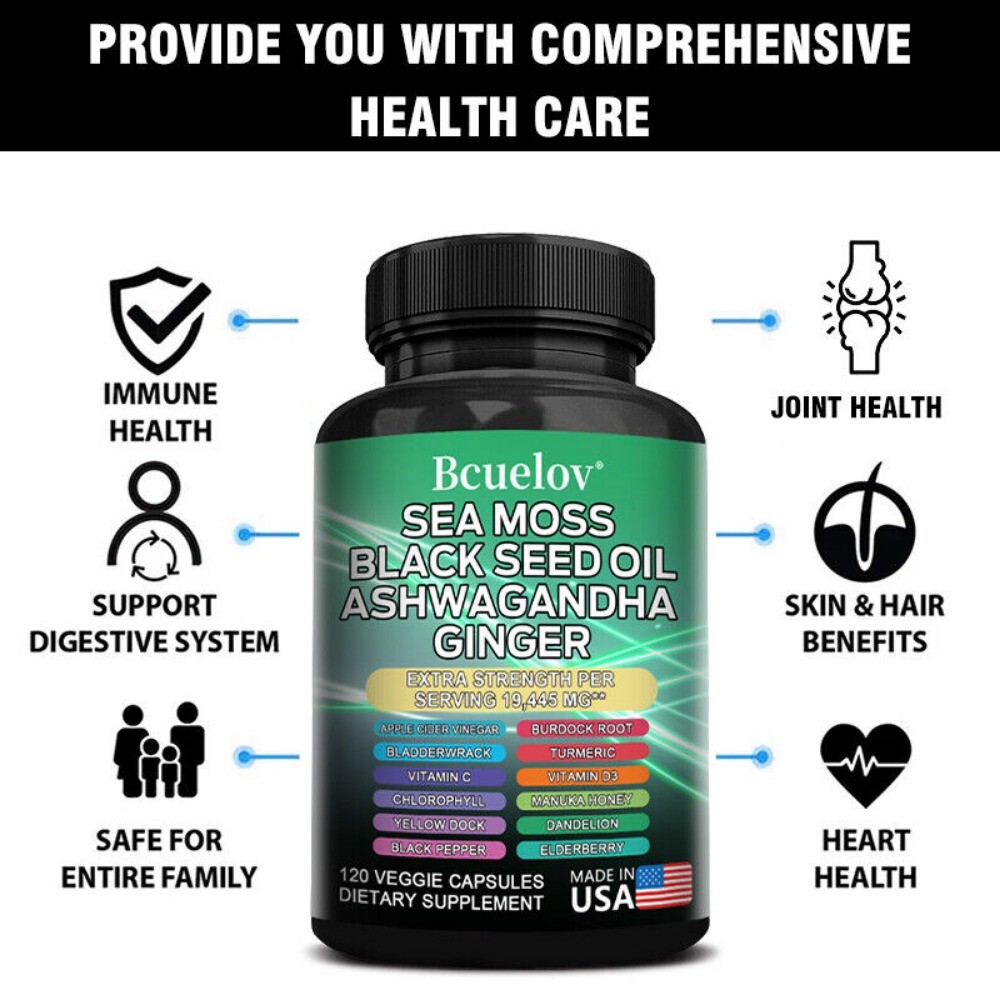 Sea Moss, Black Seed Oil, Ginger, Turmeric, Ashwagandha (16 in 1 Multivitamin)