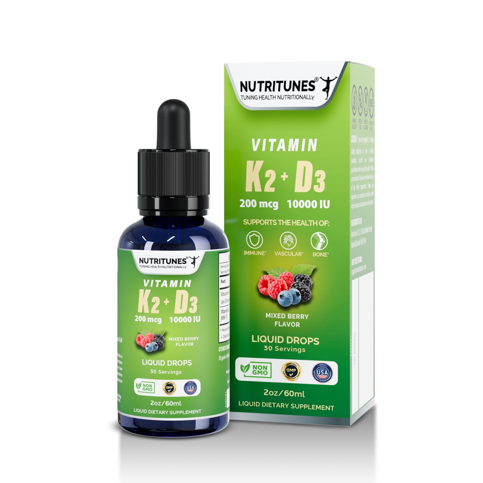 Vitamin D3 K2 Liquid Drops 10000 IU D3 & 200 mcg K2 – Mixed Berry – 30 Servings