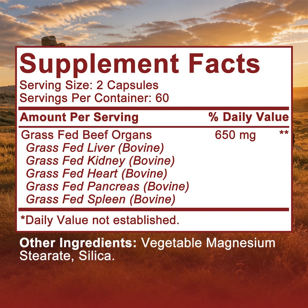 Beef Organ Complex, 5-in-1 Supports Energy,Vitality & Grain Free 30~120 Capsules