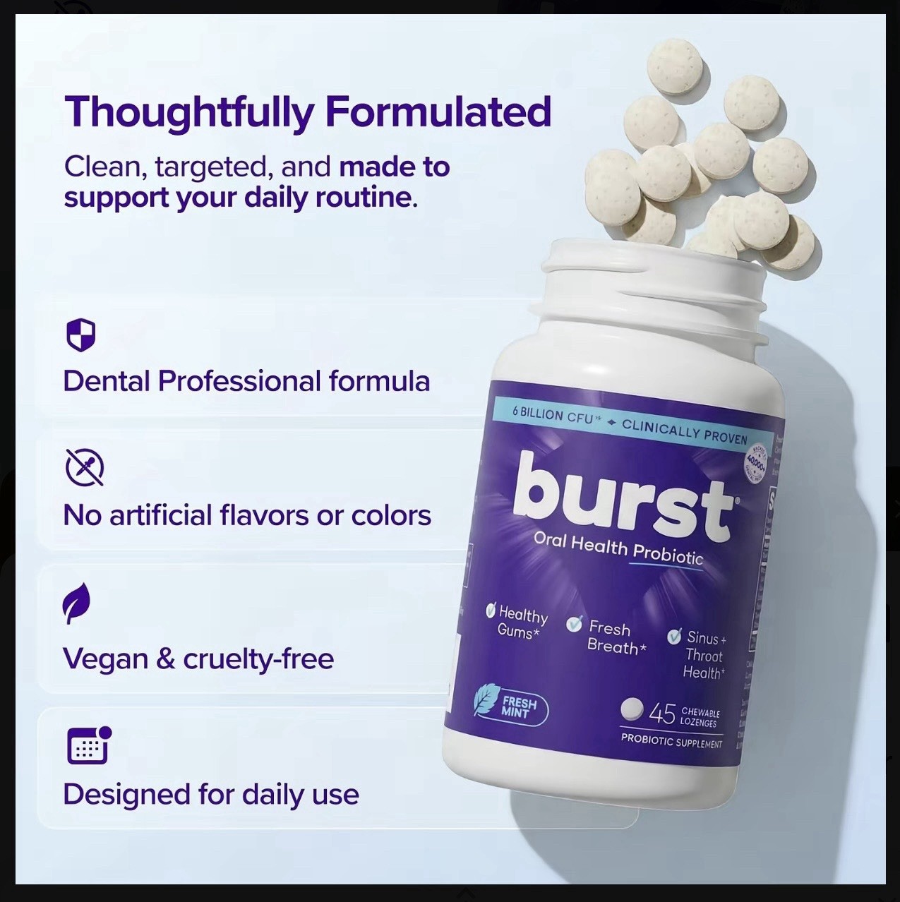 burst Oral Health Probiotic Mint Chewable Lozenges 45 ct Vegan Cruelty-Free