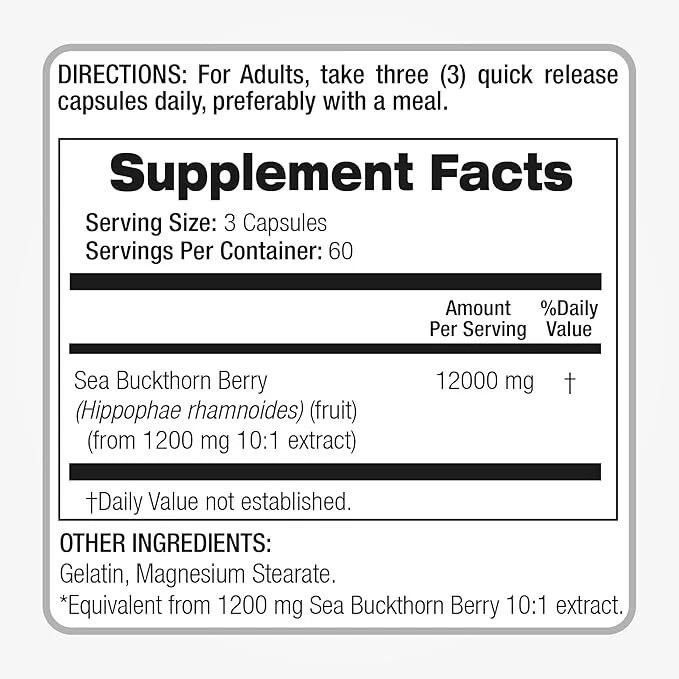 Sea Buckthorn Oil Omega 7 12,000mg 180Caps Gluten Free