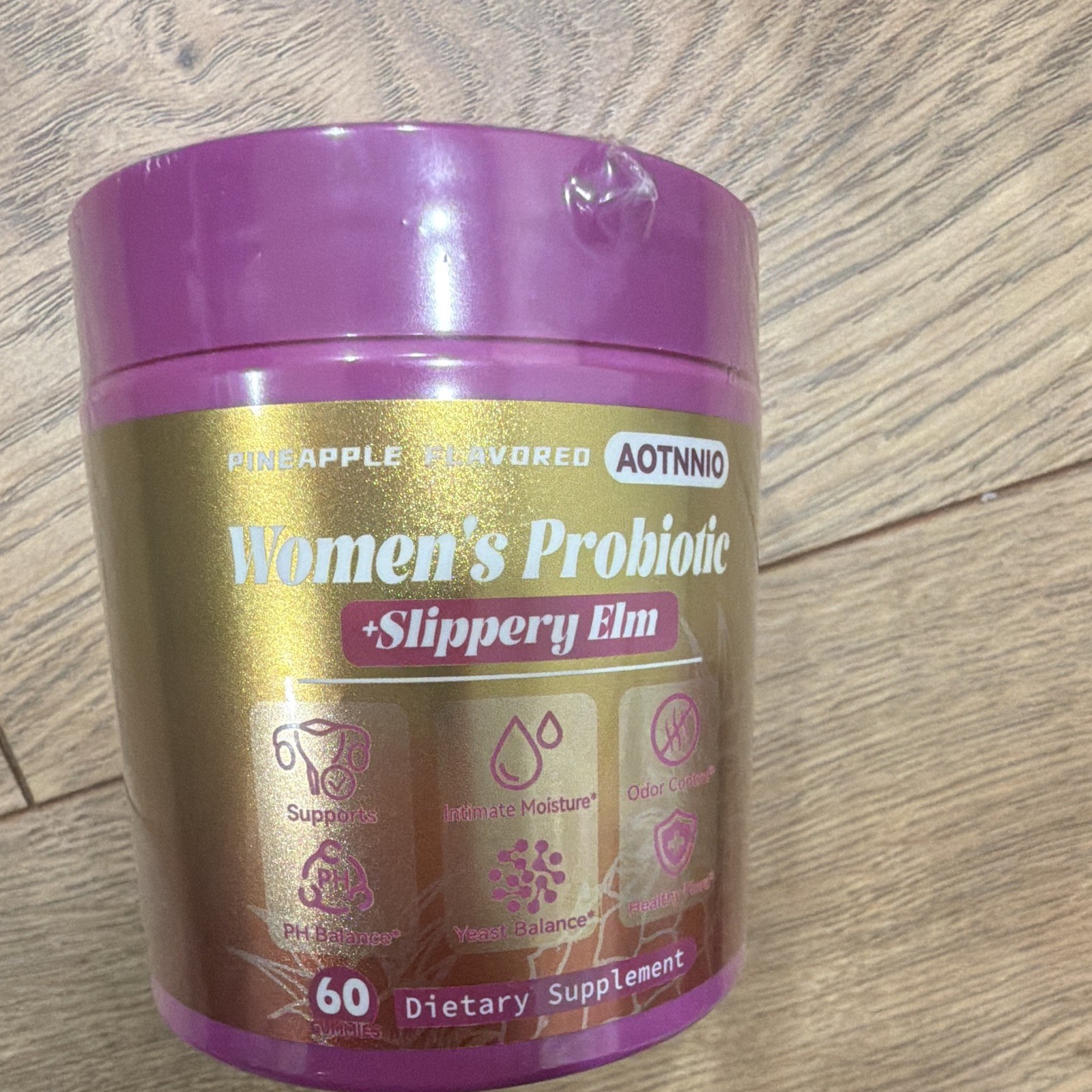 AOTNNIO Women’s Probiotic + Slippery Elm Pineapple Vegan Gummies 60ct 04/2028