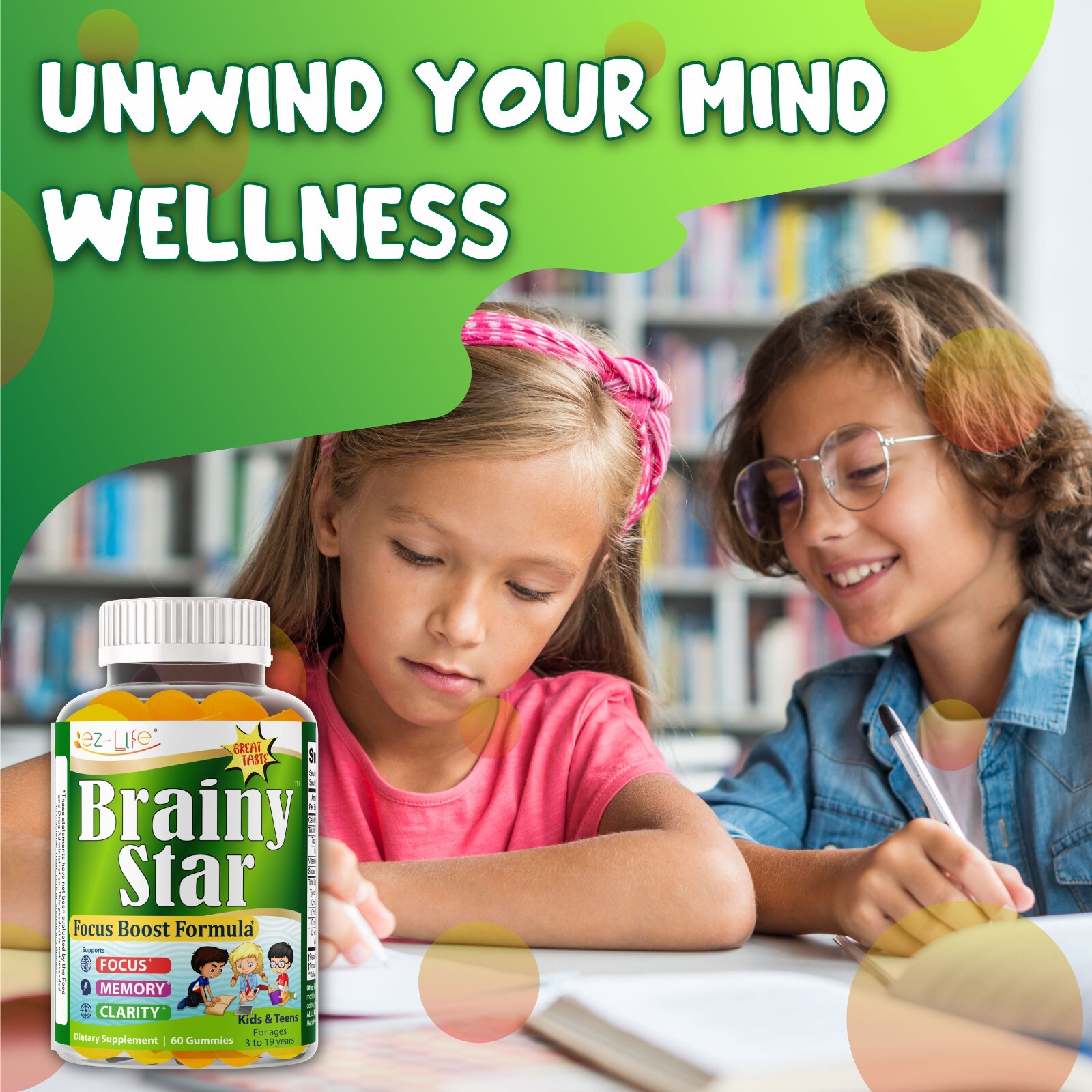 Focus Gummies for Kids & Teens – Brain & Memory Support Omega 3 6 9 – 60 Gummies