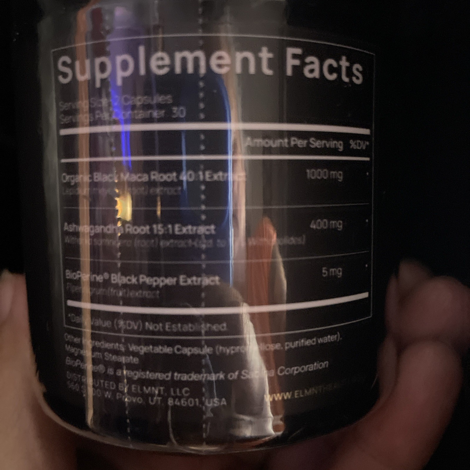 ELMNT Black Maca + Ashwagandha + BioPerine 1000mg 60 Caps Non-GMO Exp 03/2028