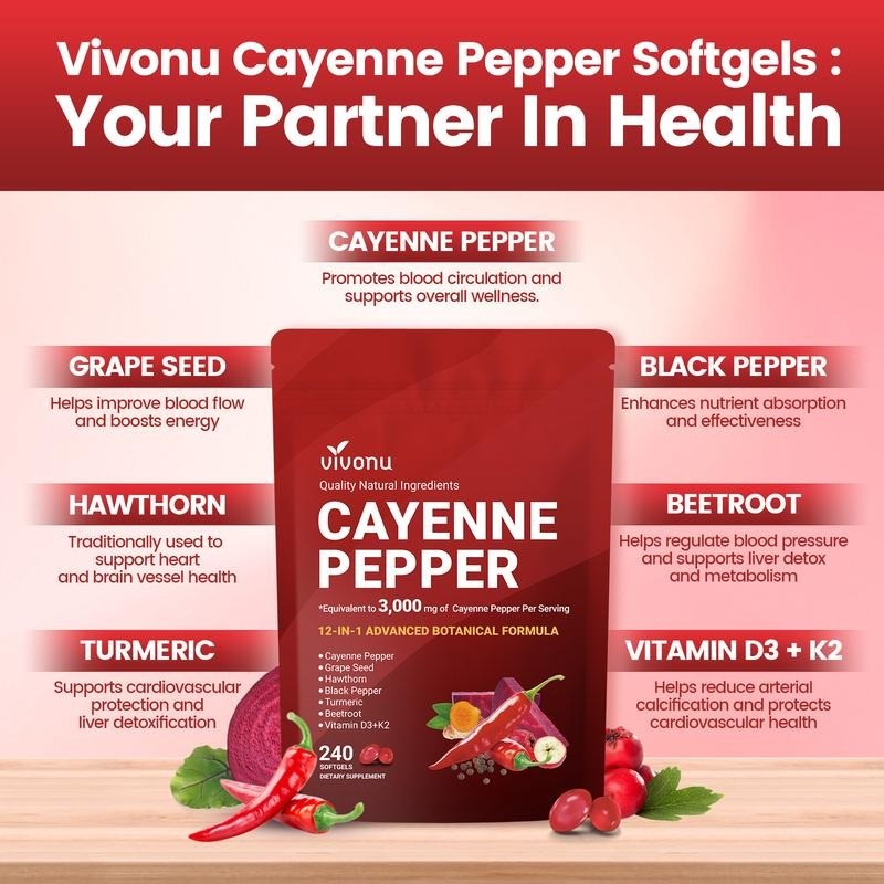 Premium VivoNu Cayenne Pepper Softgels Supplement – 240 Capsules NEW FREE SHIP