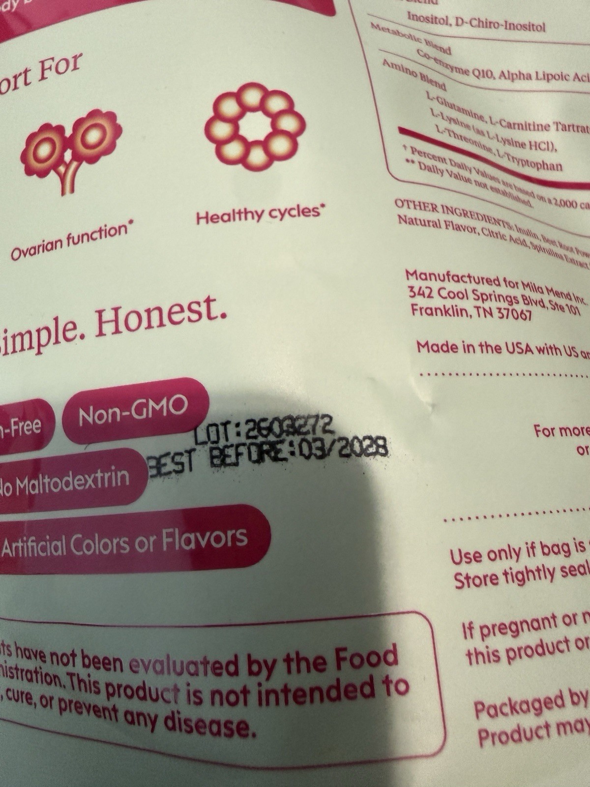 Milamend Hormone Balance Hibiscus Tea Powder 14.6 oz Vegan Gluten-Free 03/2028