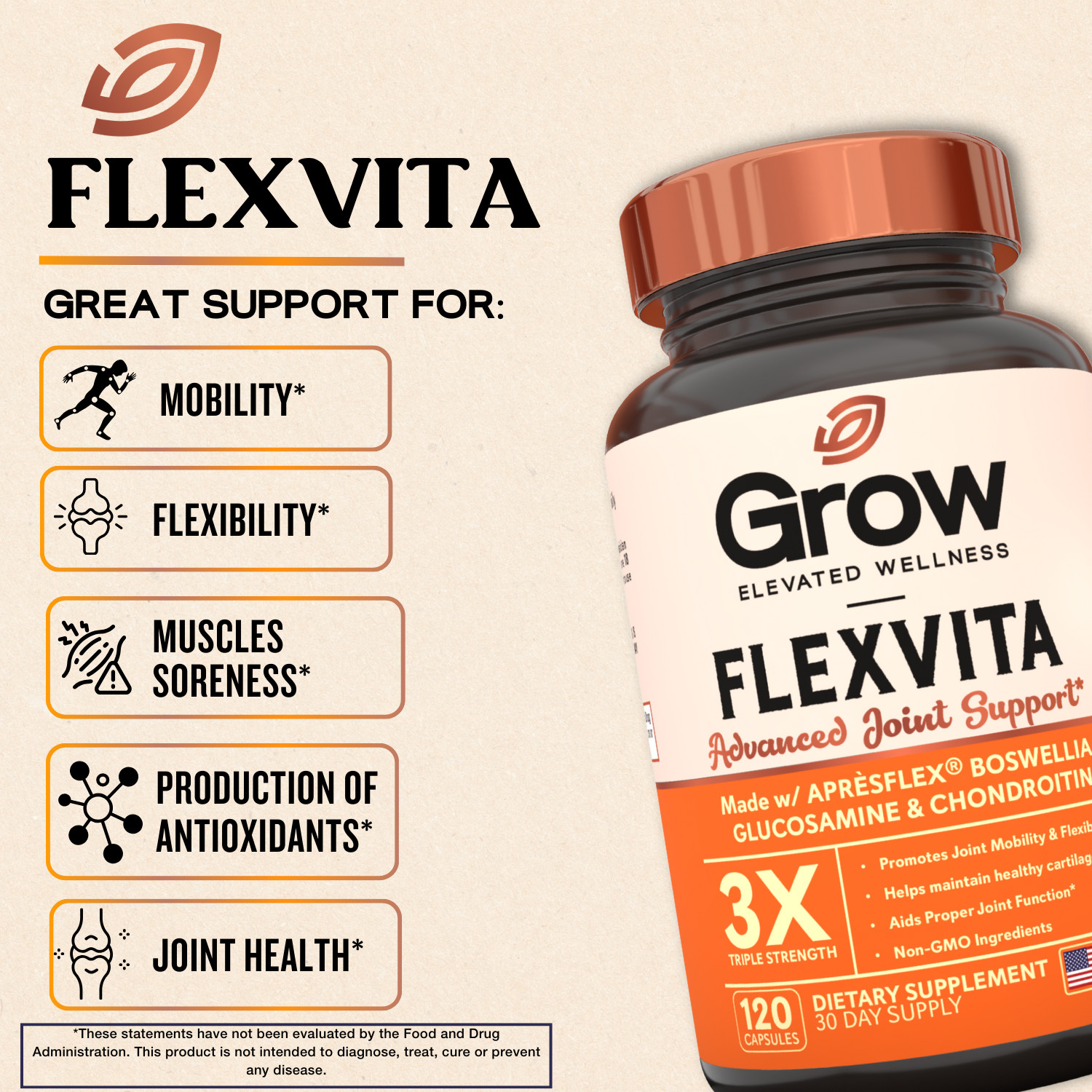 Grow FlexVita – Glucosamine Chondroitin MSM Turmeric Boswellia 120 Capsules