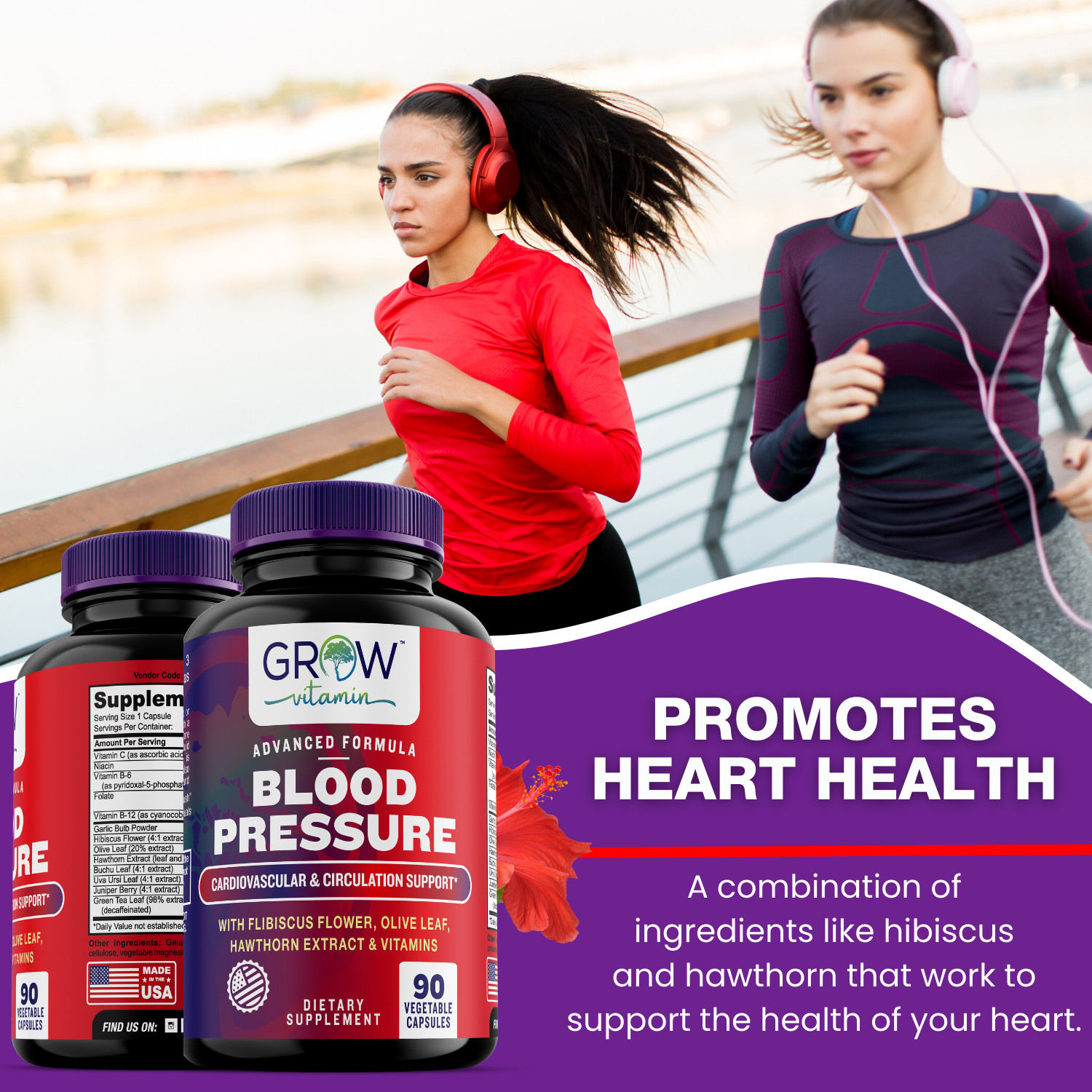 Blood Pressure Support Supplement | Cardiovascular Health | Grow Vita. 90 Count