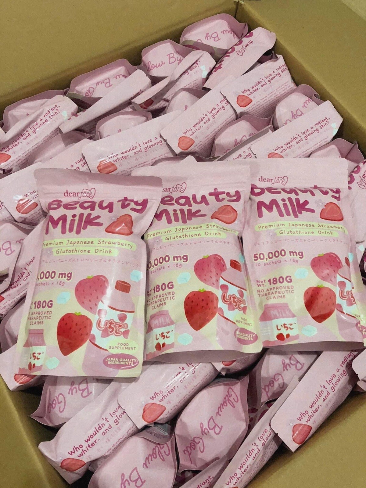 Dear Face Beauty Milk Japanese STRAWBERRY Gluta Drink, 10 Sachets X 18g US