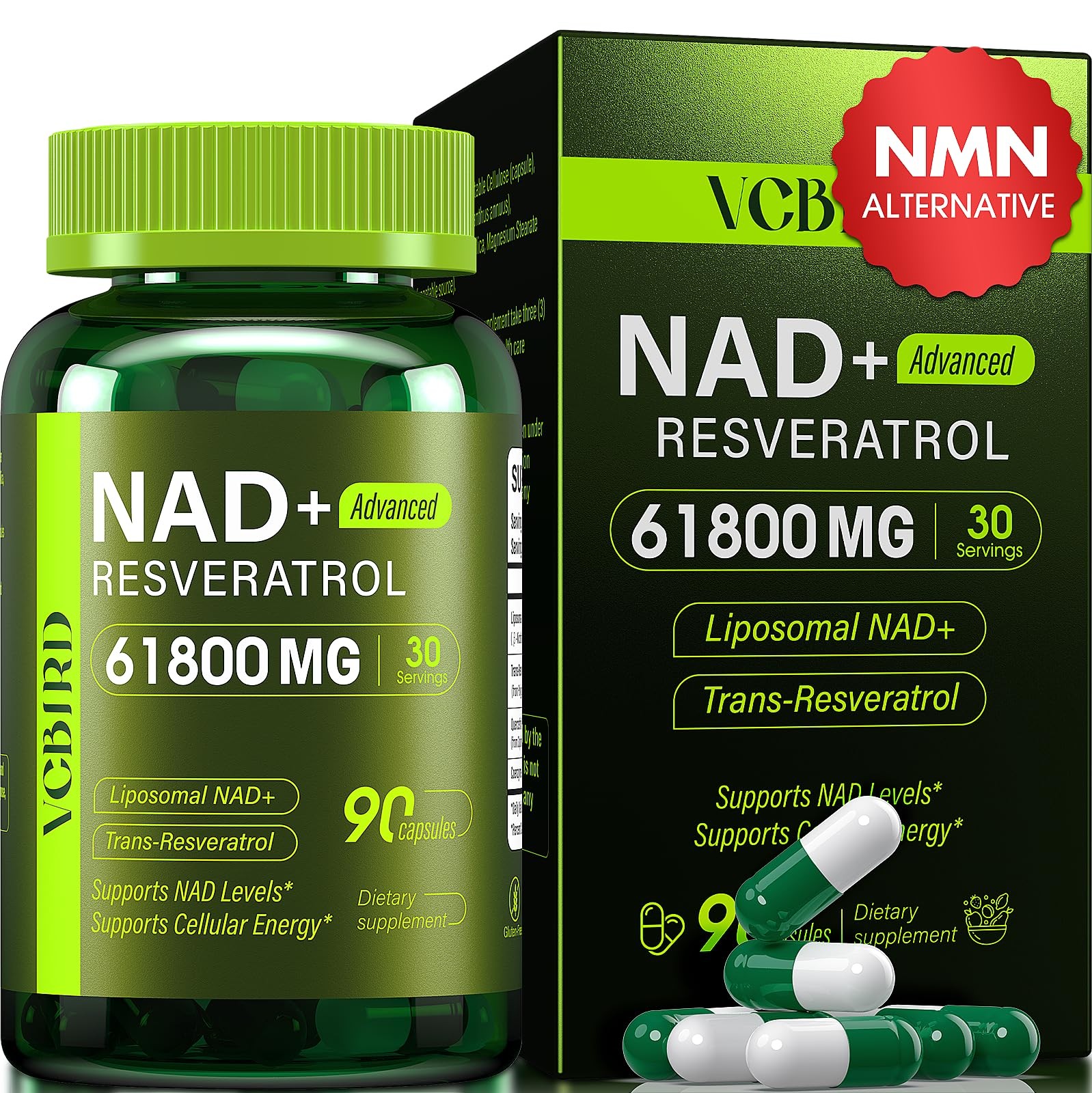 Nad Resveratrol Supplement 61800mg Per Bottle – 90 Count (Pack of 1), Green
