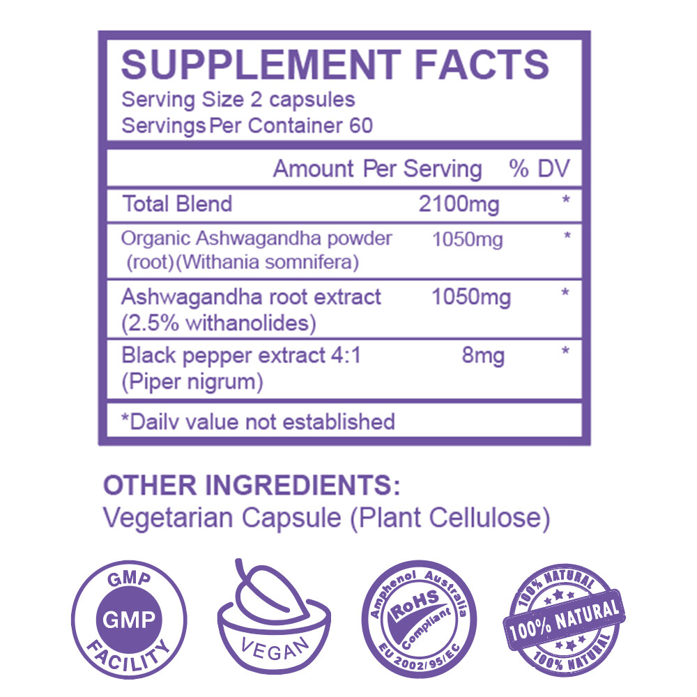 Organic Ashwagandha Capsules 2100mg Supplement&Black Pepper Root Powder 120Pcs