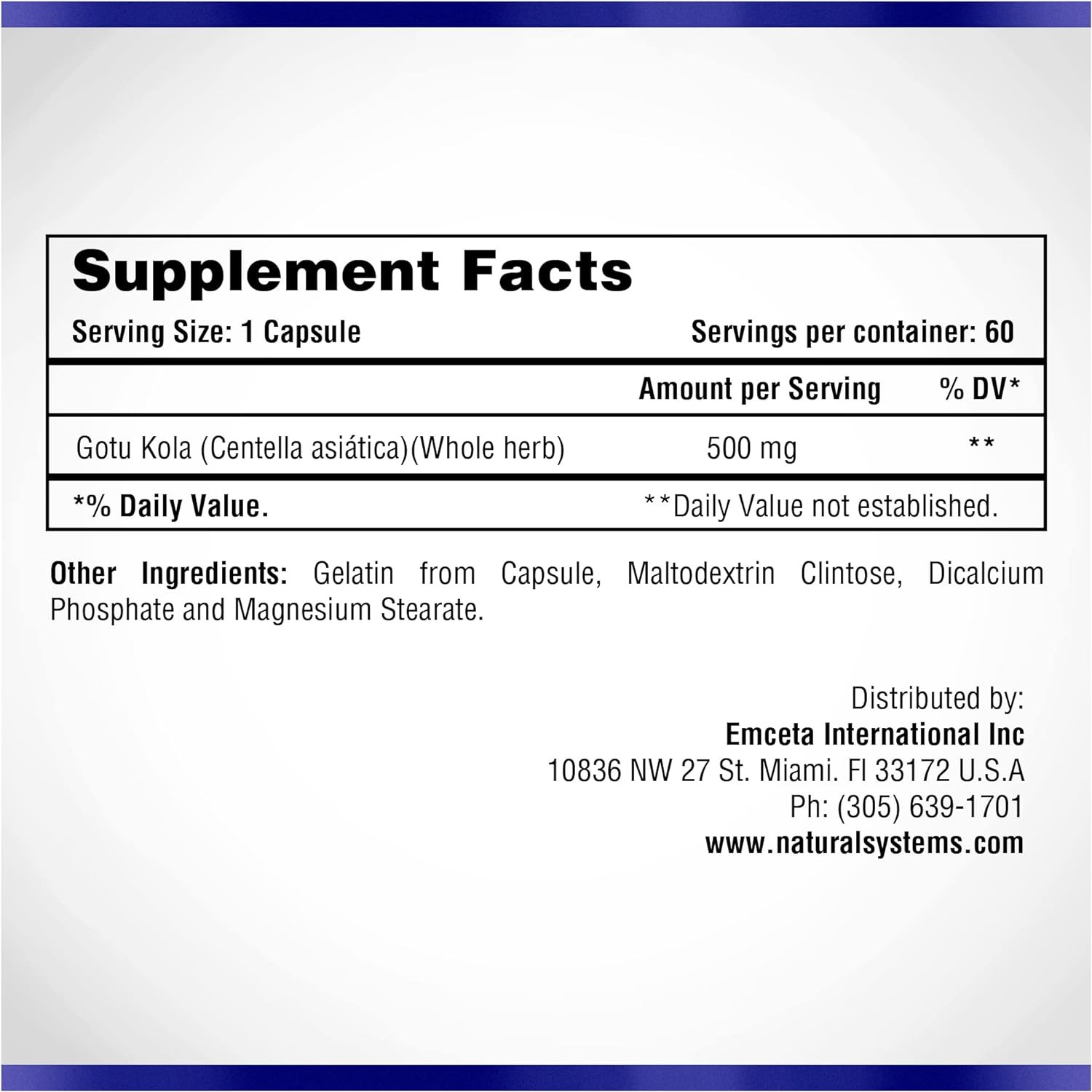 Centella Asiatica 500 mg 60 Capsules by Natural Systems – Gotu Kola Herb Moistur