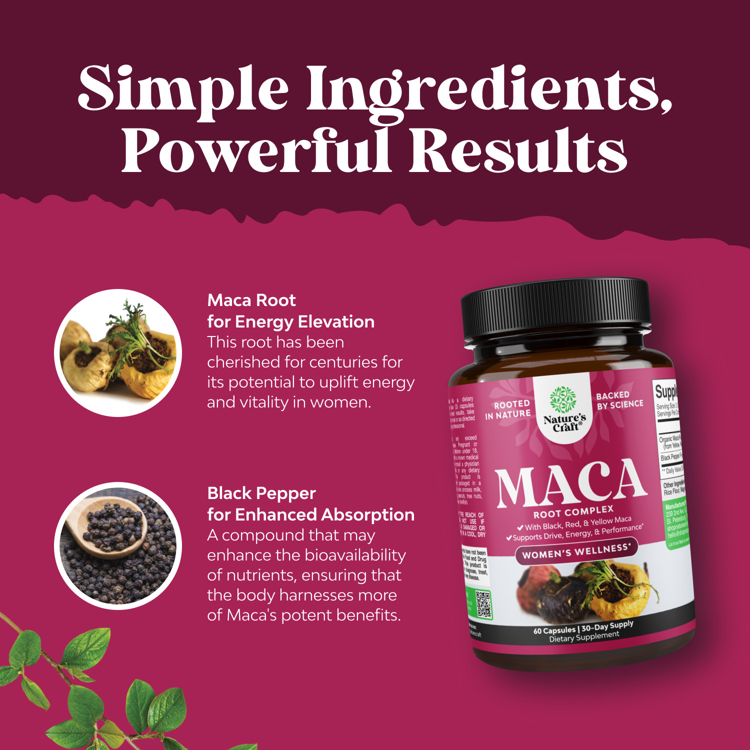 Organic Maca Root Capsules for Women – Non-GMO Certified Vegan Gluten-Free 60ct