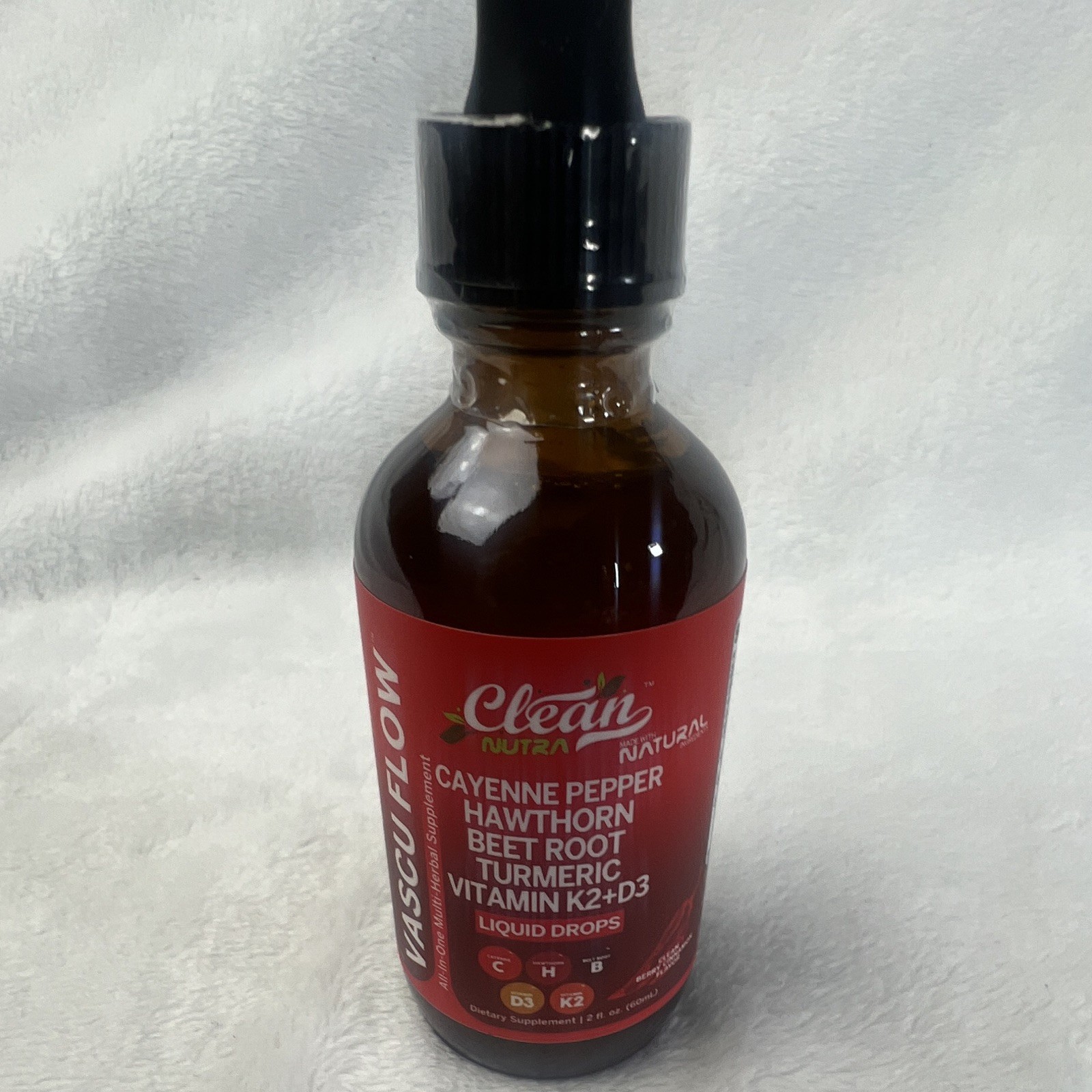 Clean Nutra Vascu Flow Liquid Drops Cayenne Hawthorn Beet Root D3 K2 2 fl oz
