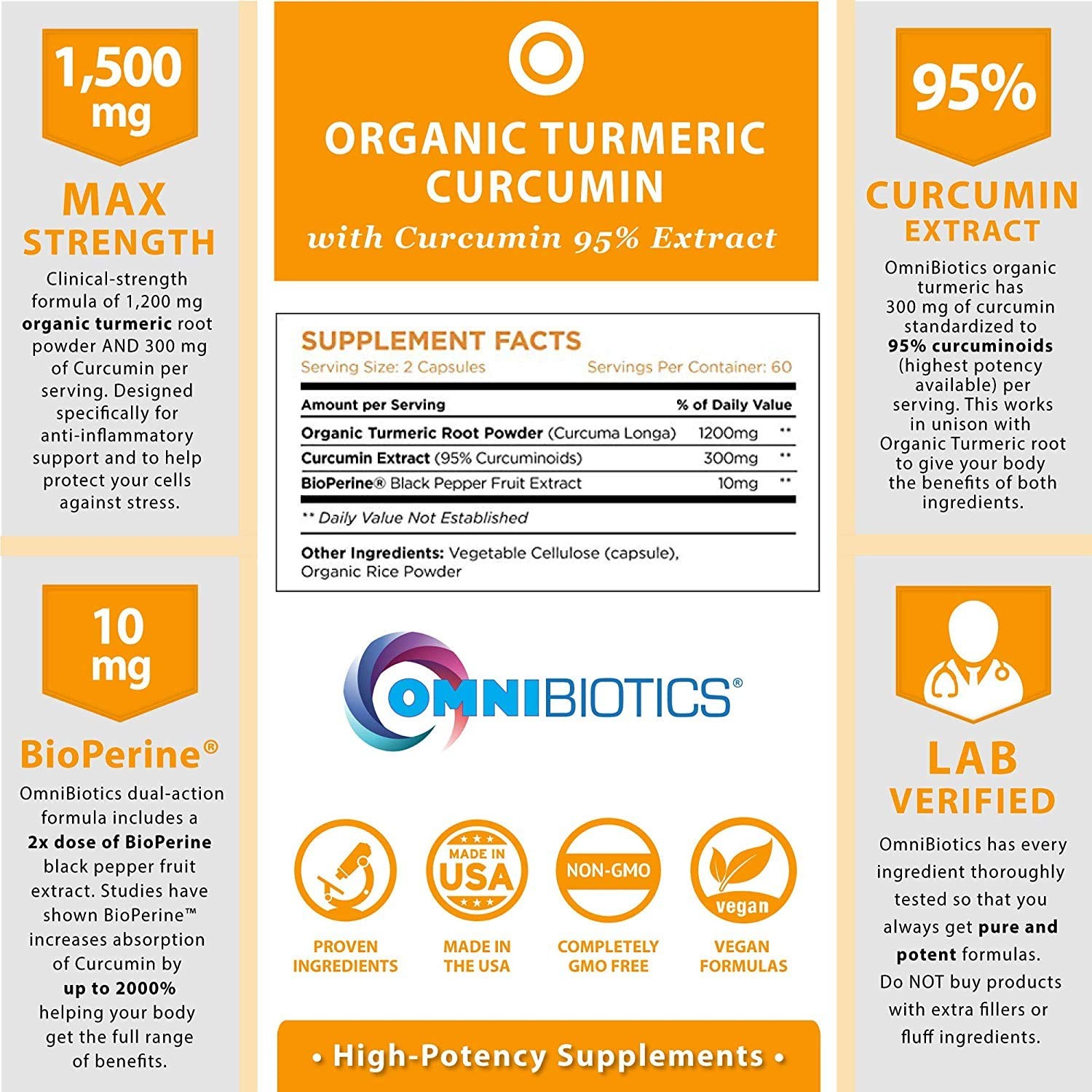 OmniBiotics Organic Turmeric Curcumin Supplement with 120 Count (Pack of 1)