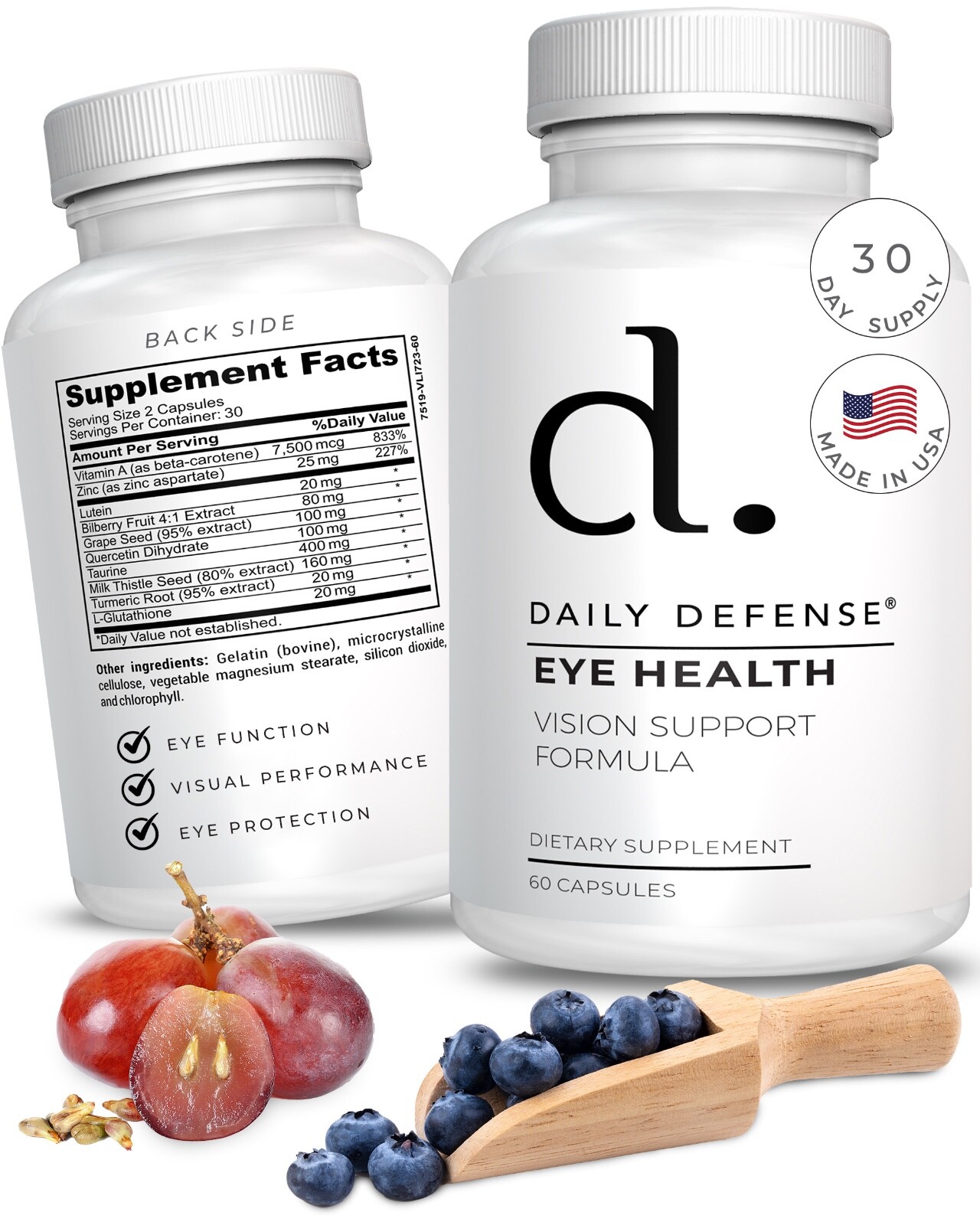 Daily Defense Eye Health Supplement Vision Support w/ Lutein Vitamin A Zinc