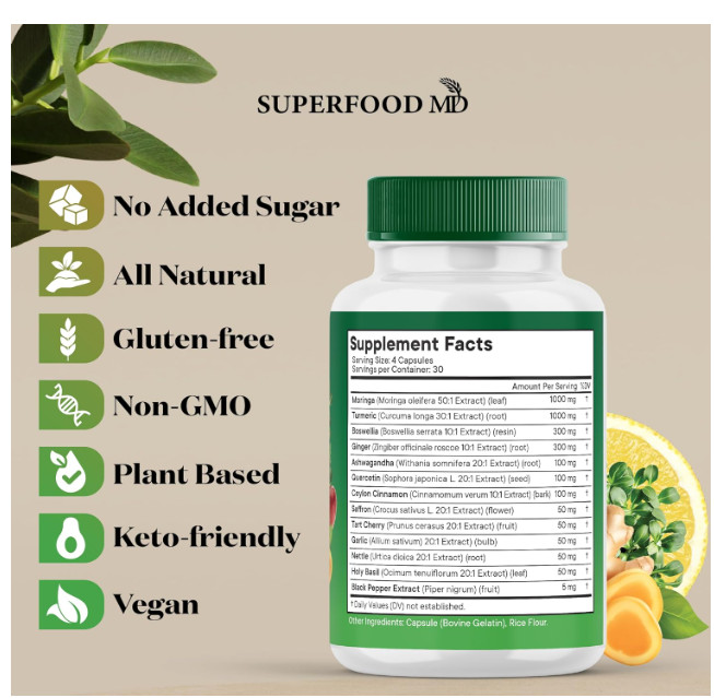 Superfood MD Moringa Supplement Turmeric Ginger Boswellia Saffron Basil 120 Caps