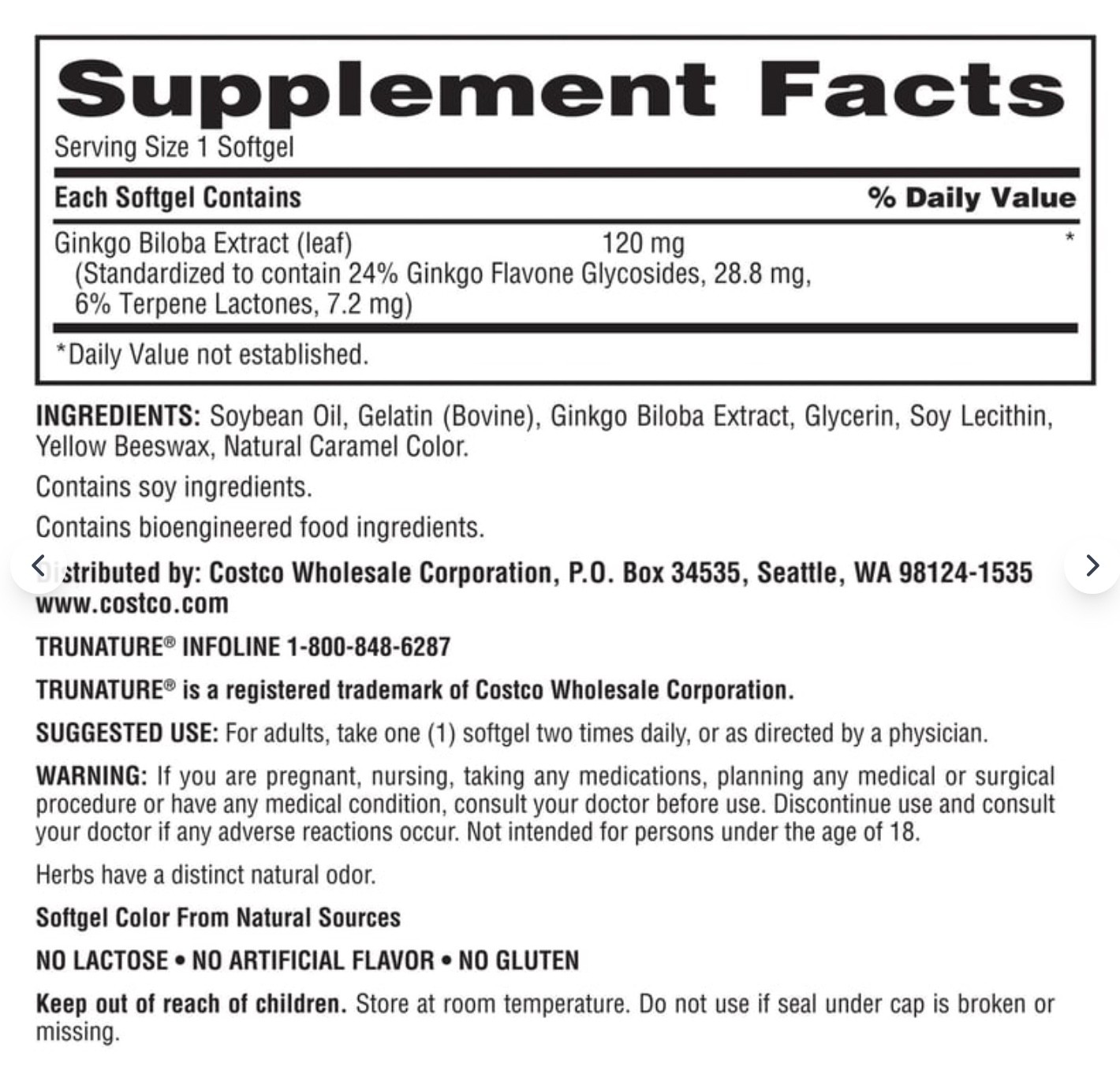 Trunature Ginkgo Biloba 120mg 340 softgels New Free Shipping EXP 12/2027