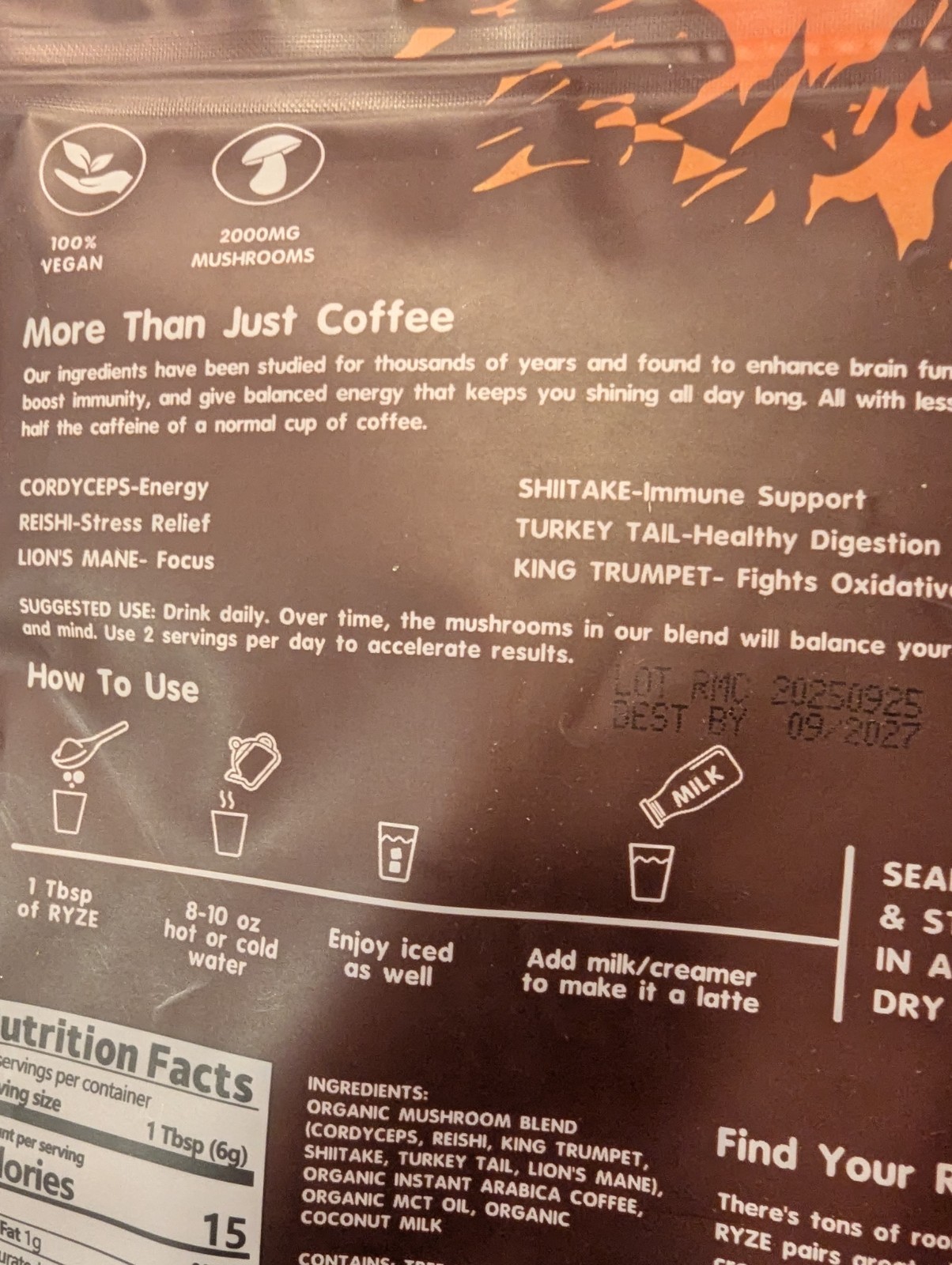 (2) Ryze Organic Mushroom Matcha + Coffee- 30 Servings Sealed Exp 9/27