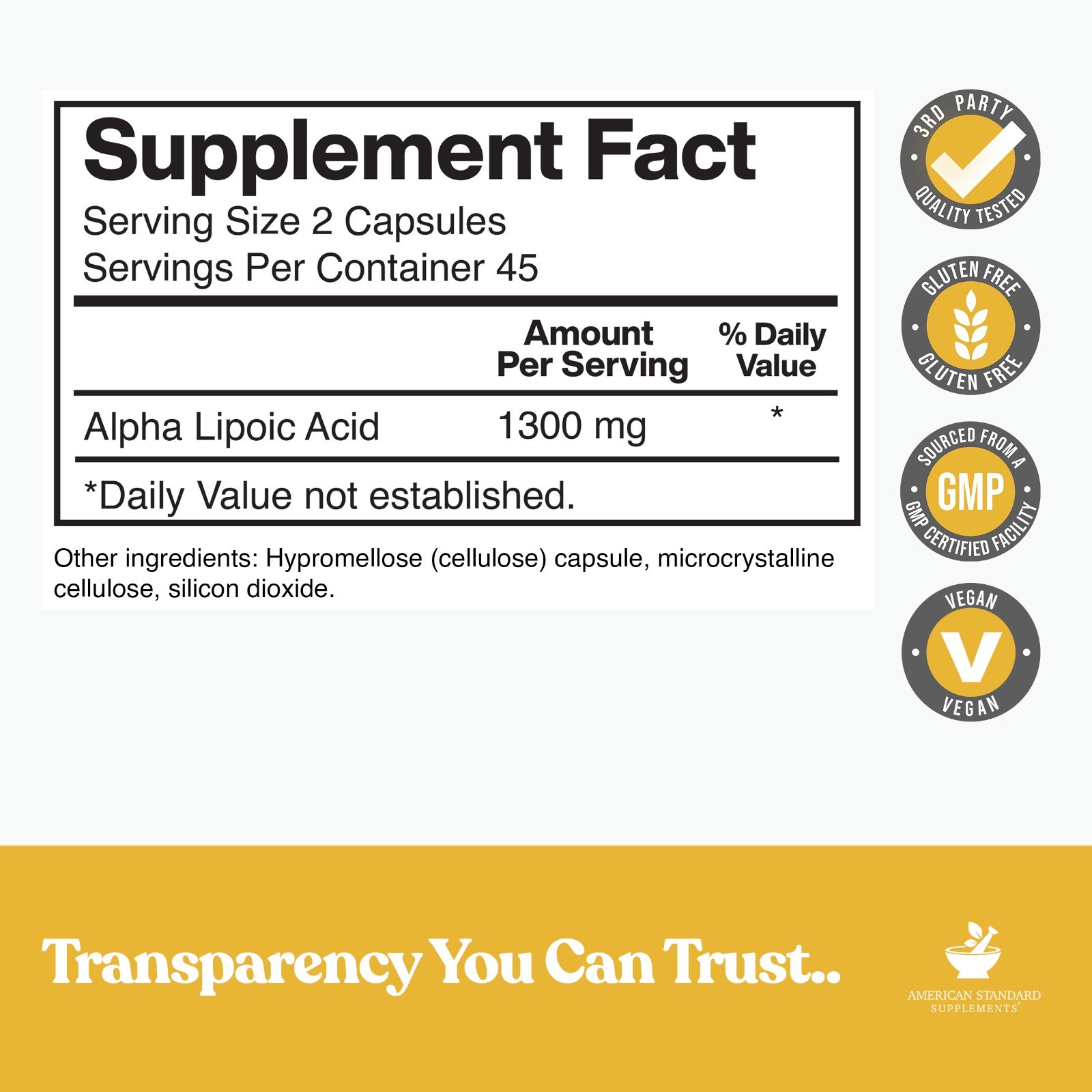 Alpha Lipoic Acid 1300mg Per Serving, ALA, Supports Glutathione Production, Supp