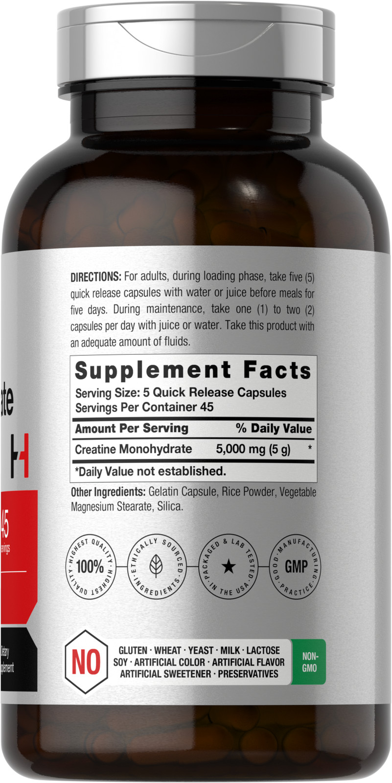 Creatine Monohydrate | 5g | 225 Capsules | Non-GMO, Gluten Free | by Horbaach