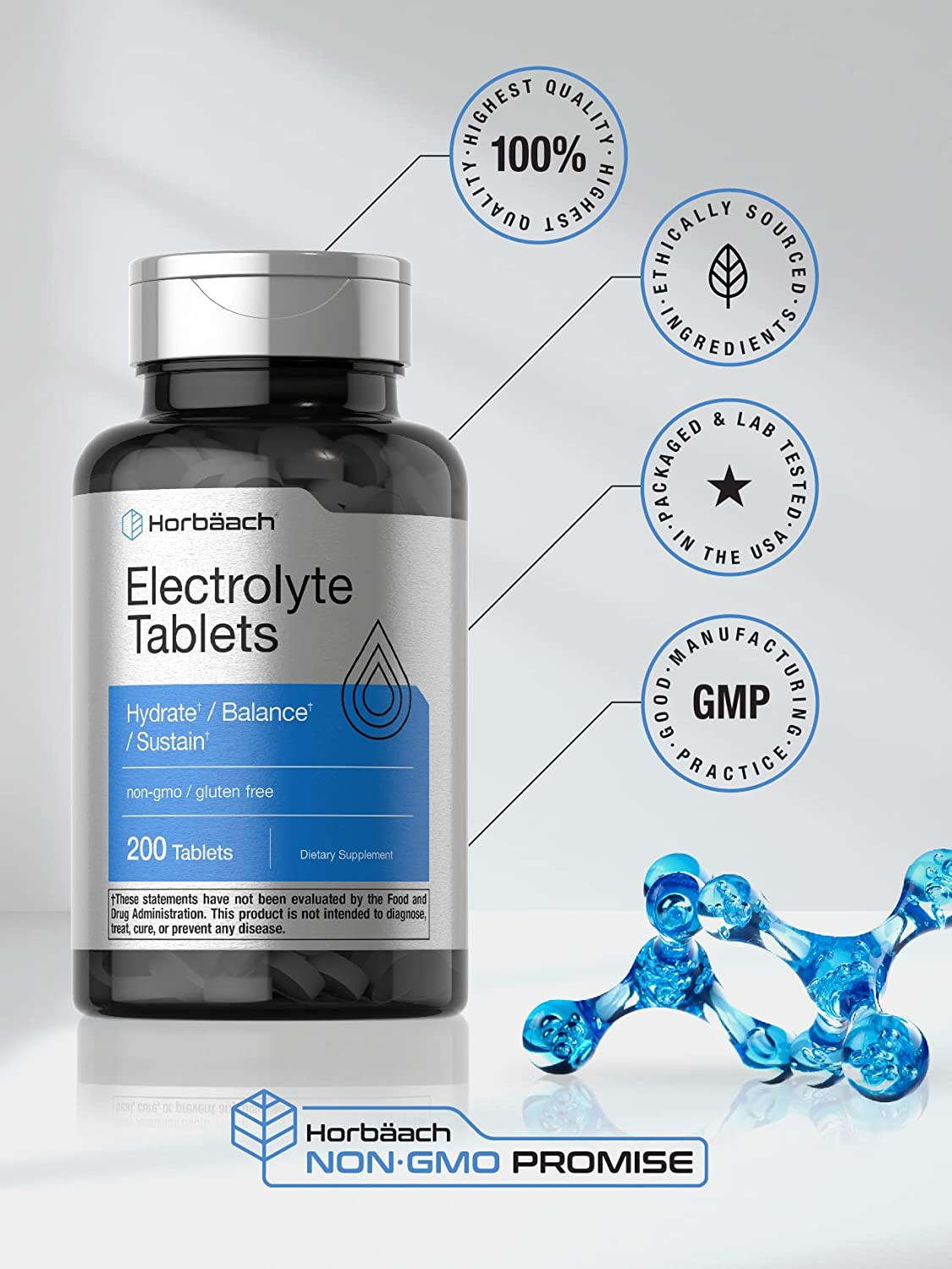 Electrolyte Tablets 200 Count Keto-Friendly NonGMO Hydration Supplement Horbaach