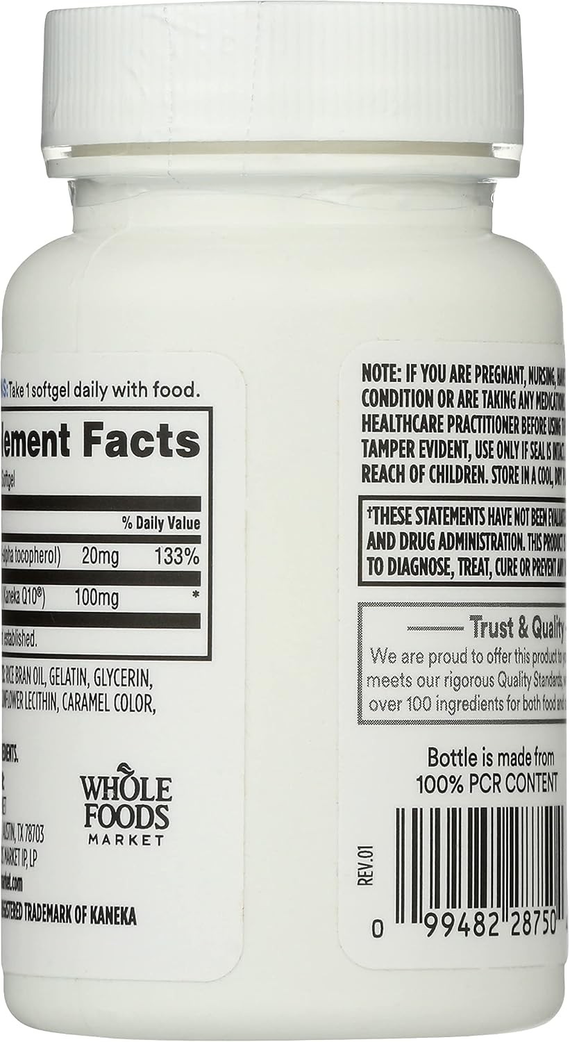 365 Whole Foods Market CoQ10 100mg + Vitamin E 20mg 30 Softgels Heart Health