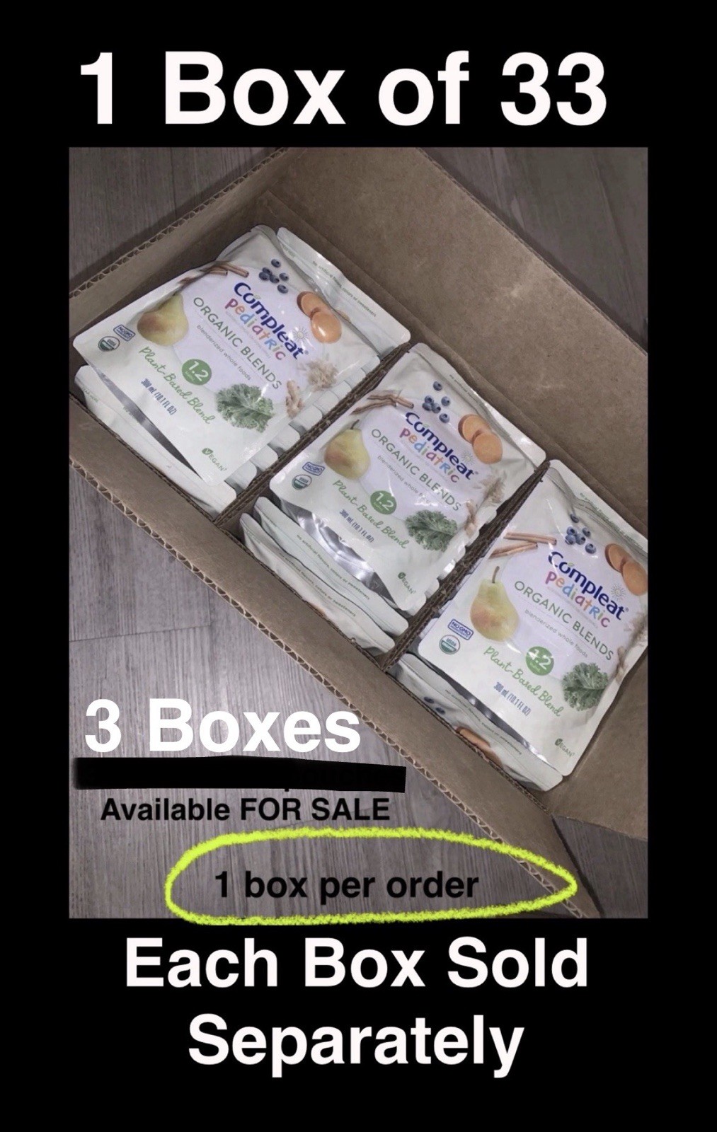 1 Box of 33 – Compleat Pediatric Organic Blend Plant Base Blended Tube Feeding