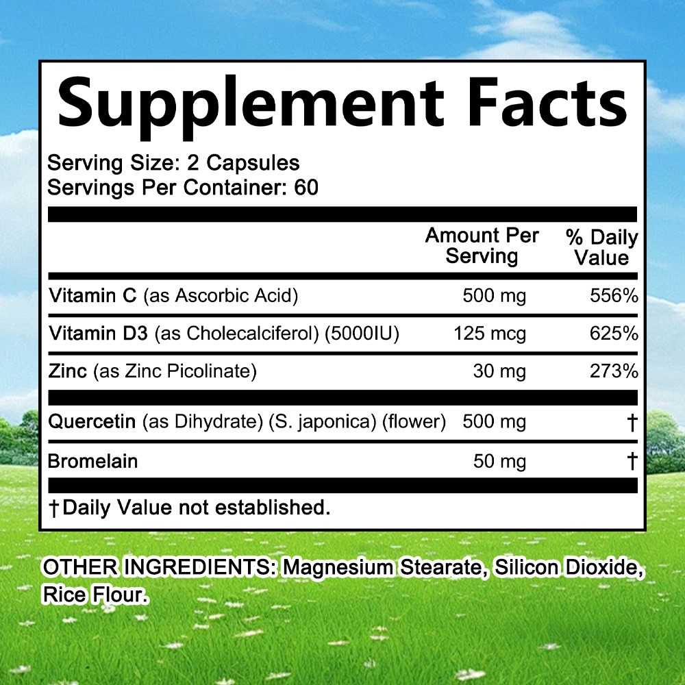 Zinc Vitamin C + D3 Quercetin Complex-High Potency Immune Support 30/60/120 Caps