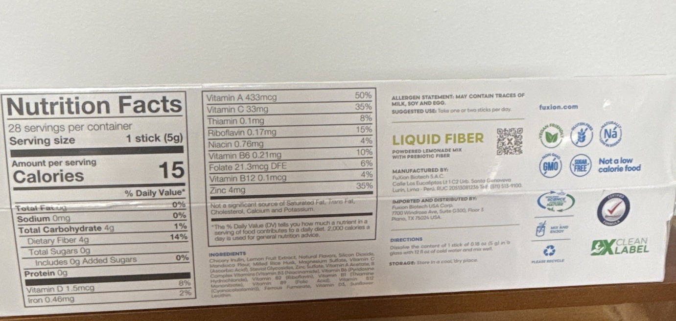 Fuxion Fiber Powder Lemon Chicory Inulin Vitamin C Gluten-Free Sugar-Free 28
