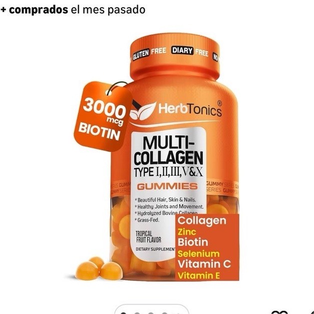 HerbTonics Multi-Collagen Gummies Tropical Fruit w/ Biotin Vitamin C 60 Ct