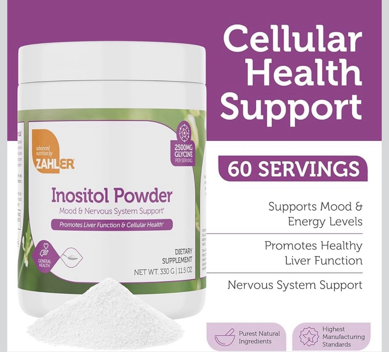 Zahler Inositol Glycine Powder Mood Brain Liver Support Dietary Supplement 11.5…