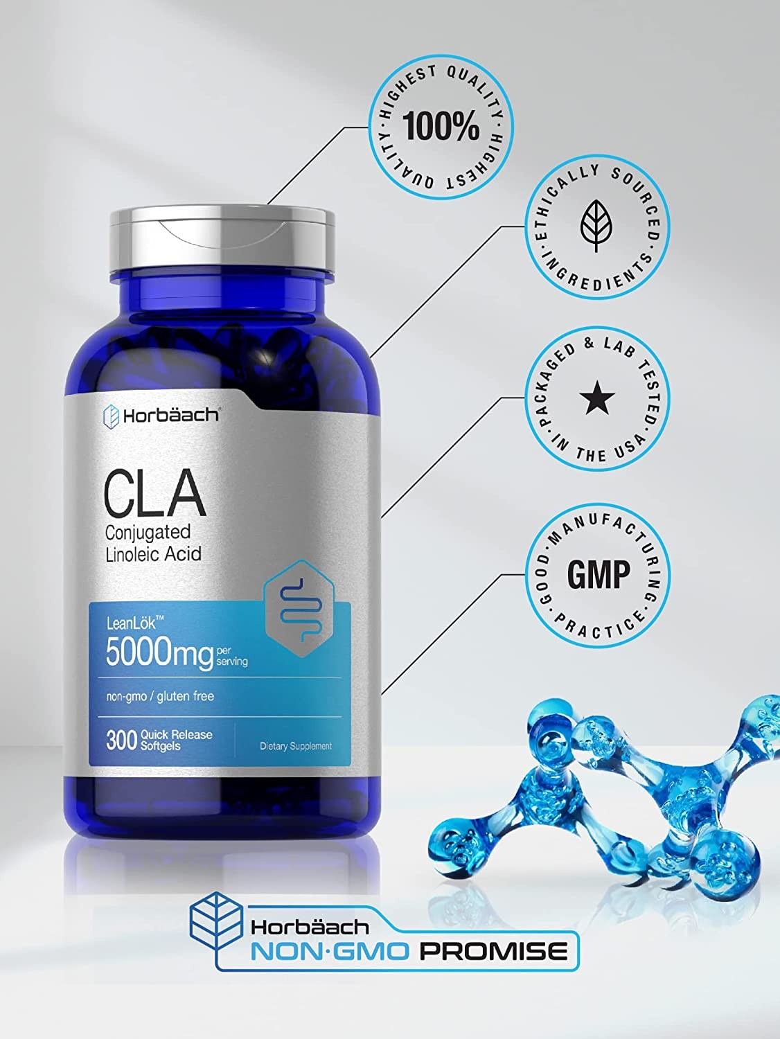 CLA 5000 mg | Maxiumum Potency | 300 Softgel Pills | by Horbaach