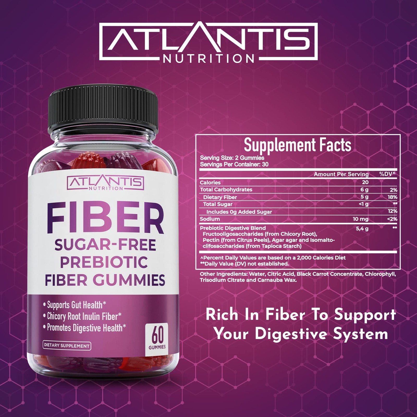 Atlantis Nutrition Sugar Free Fiber Gummies for Adults – 60 Count (Pack of 2)