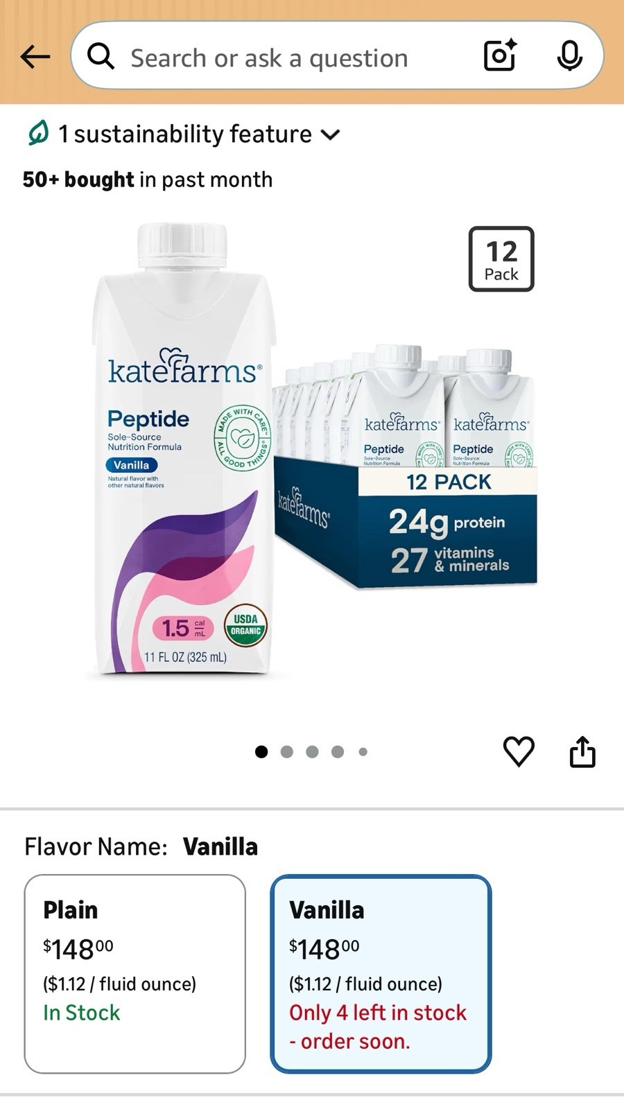 KATE FARMS Organic Adult Peptide 1.5 Formula Vanilla (12 Pack)
