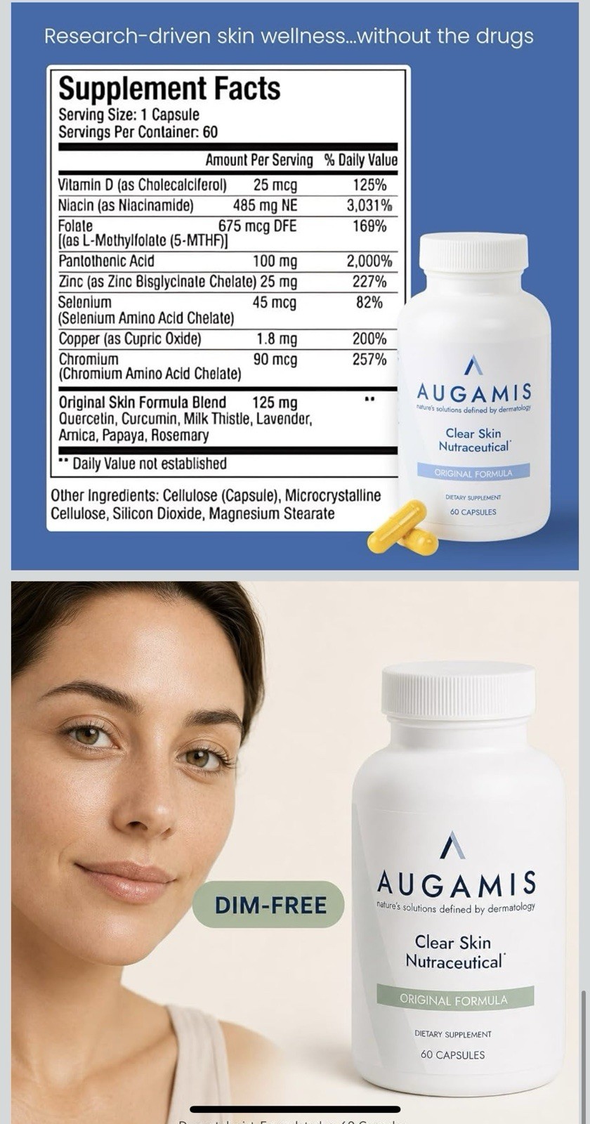 Augamis Clear Skin Nutraceutical Original Formula Capsules 60ct Soy/Gluten Free